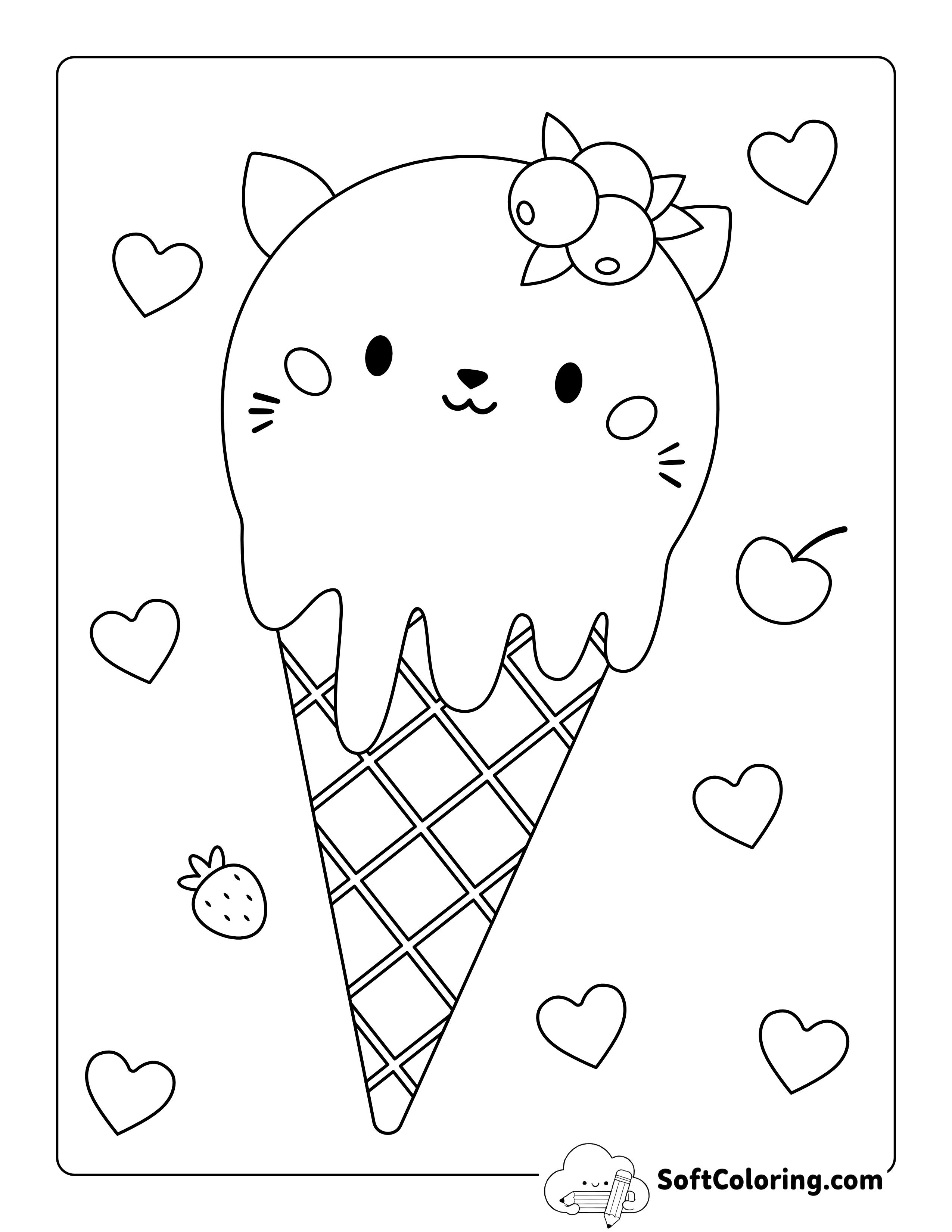 Cute Cat Kawaii Ice Cream Coloring Page