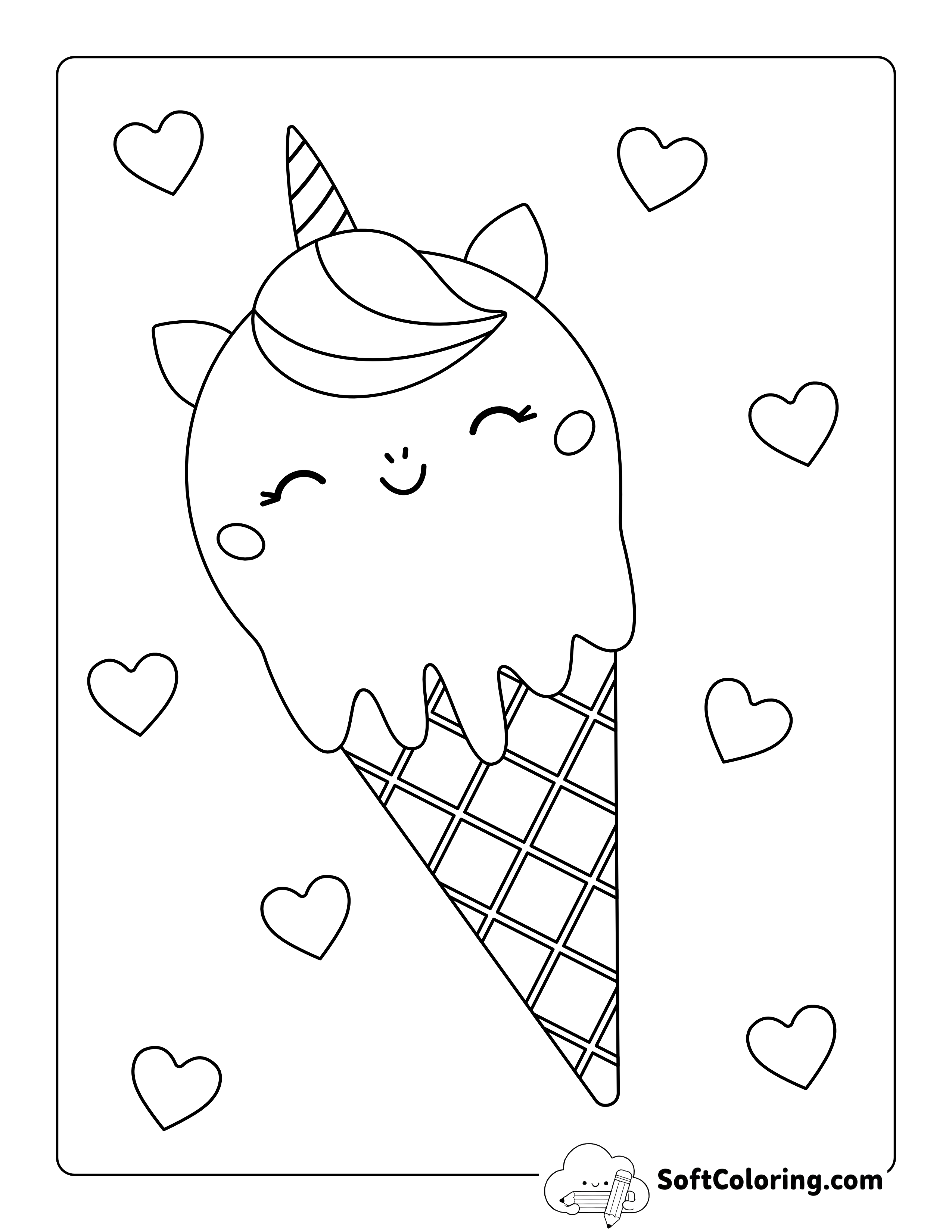 Kawaii Unicorn Ice Cream Coloring Page for Kids