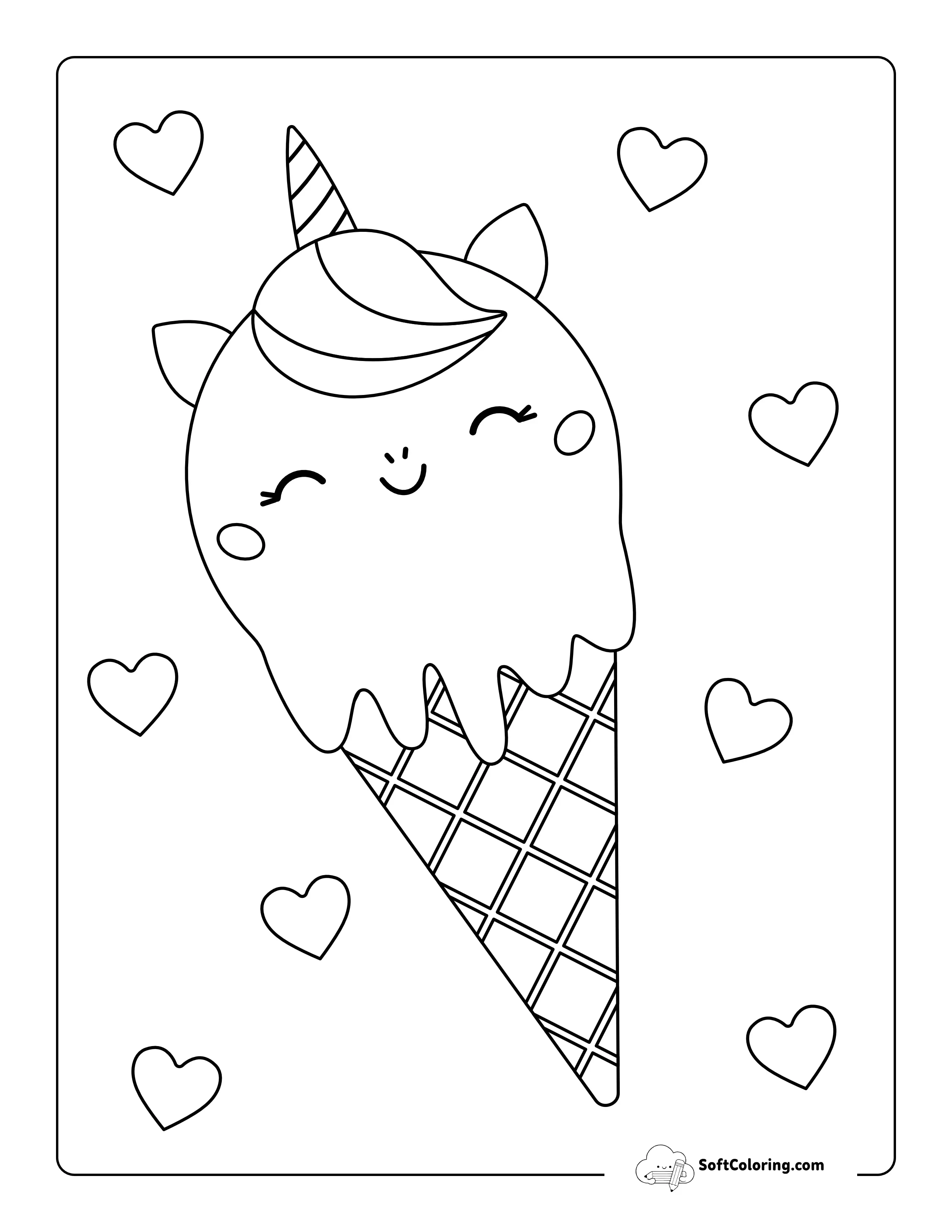 Kawaii Unicorn Ice Cream Coloring Page For Kids