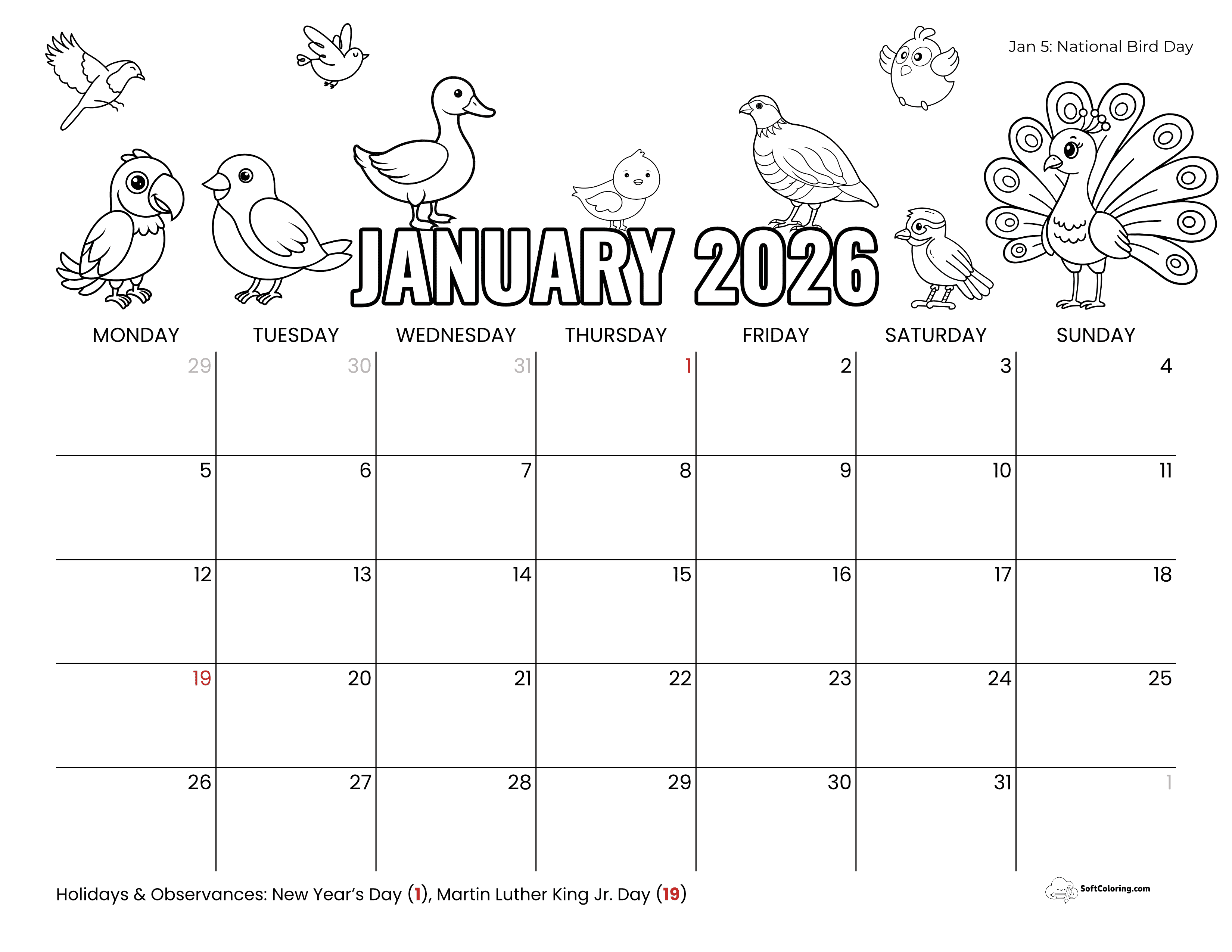 Birds Coloring Jan 2026 Monday Calendar