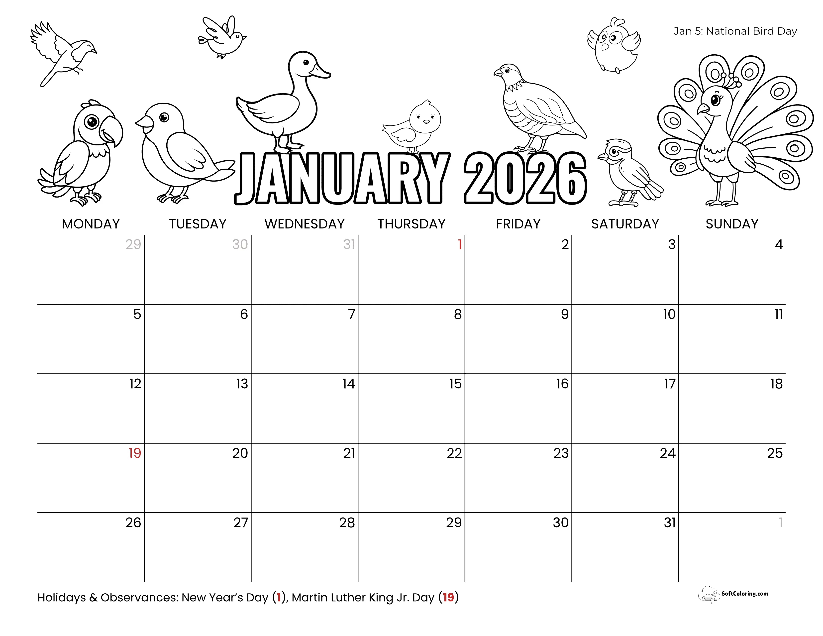 Birds Coloring Jan 2026 Monday Calendar