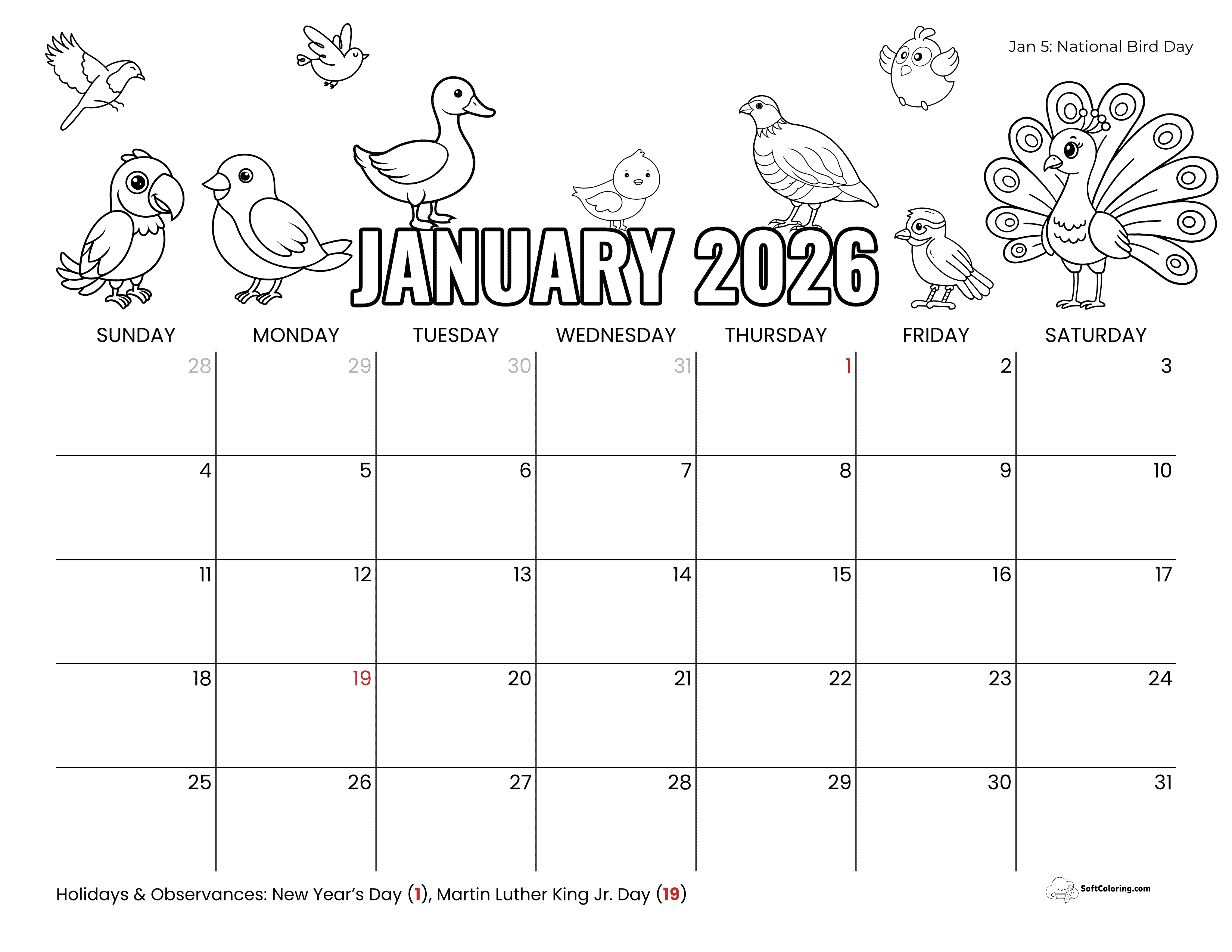 Cute National Bird Day Coloring January Calendar Printable For Kids