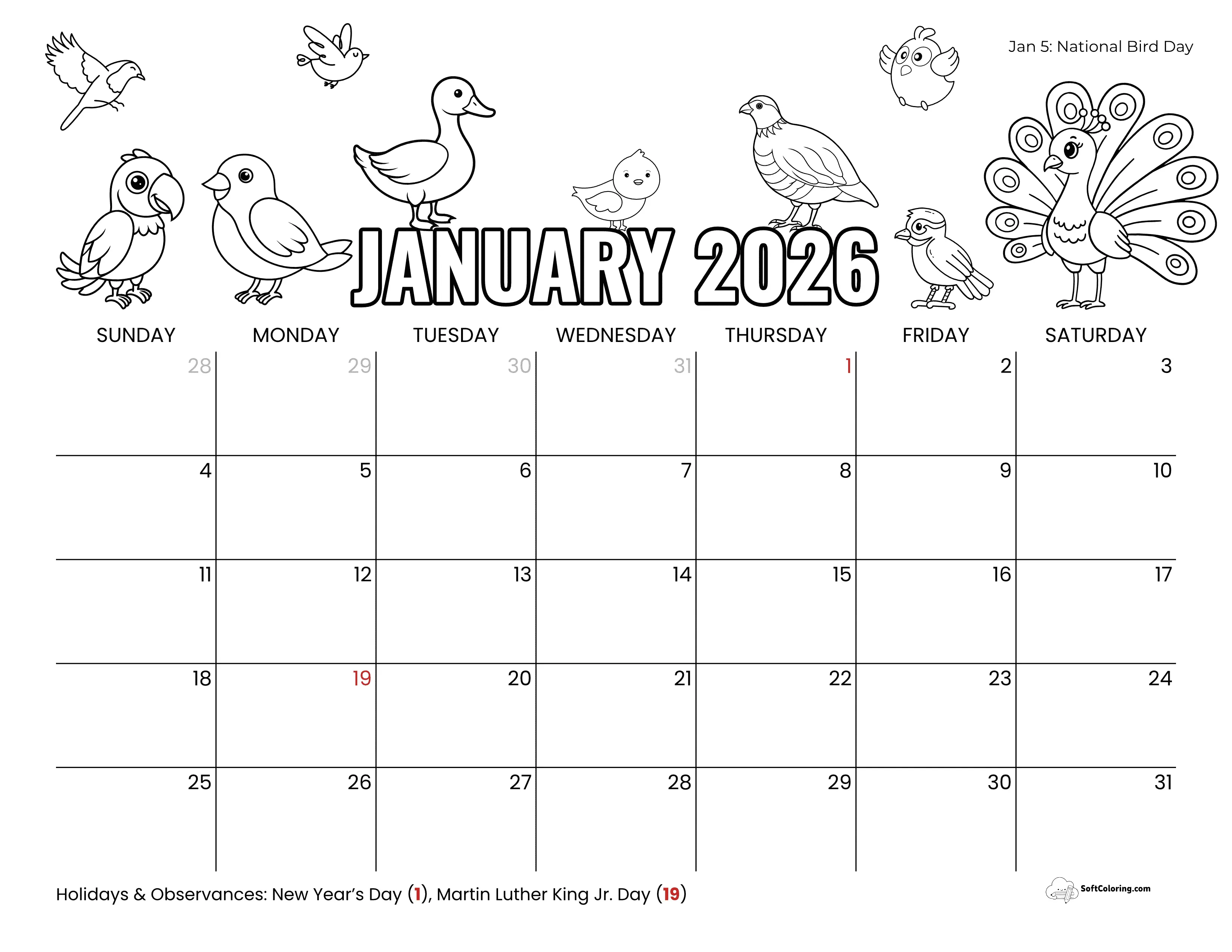 Cute National Bird Day Coloring January Calendar Printable For Kids