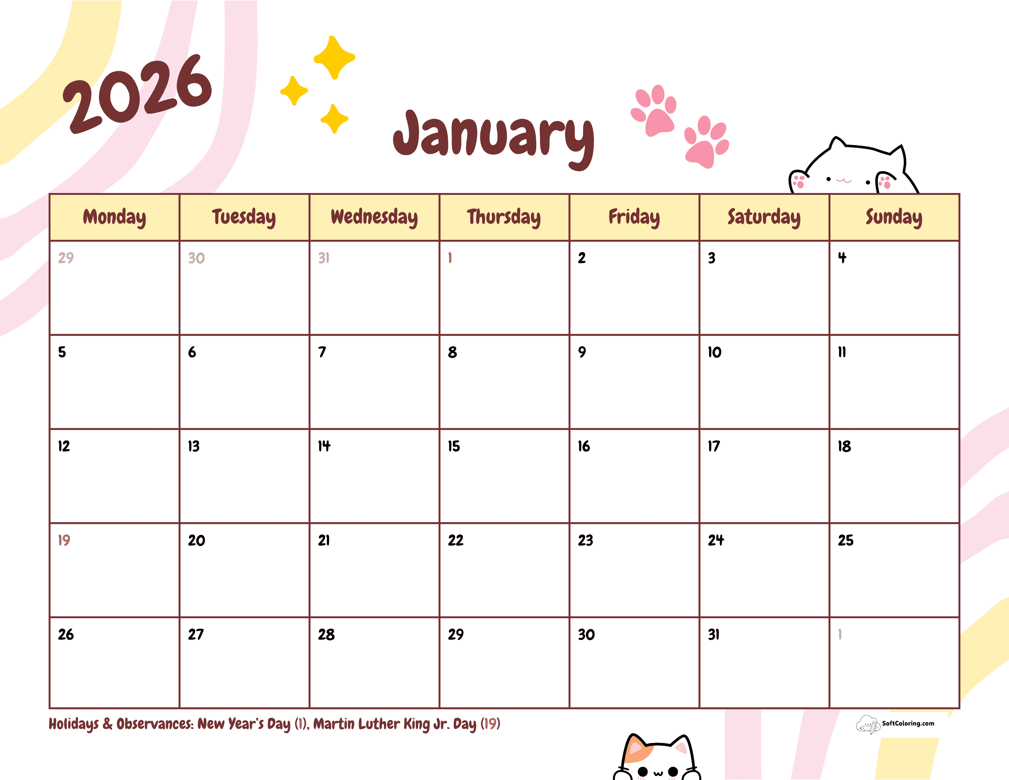 Kittens Jan Monday-Start Calendar 2026