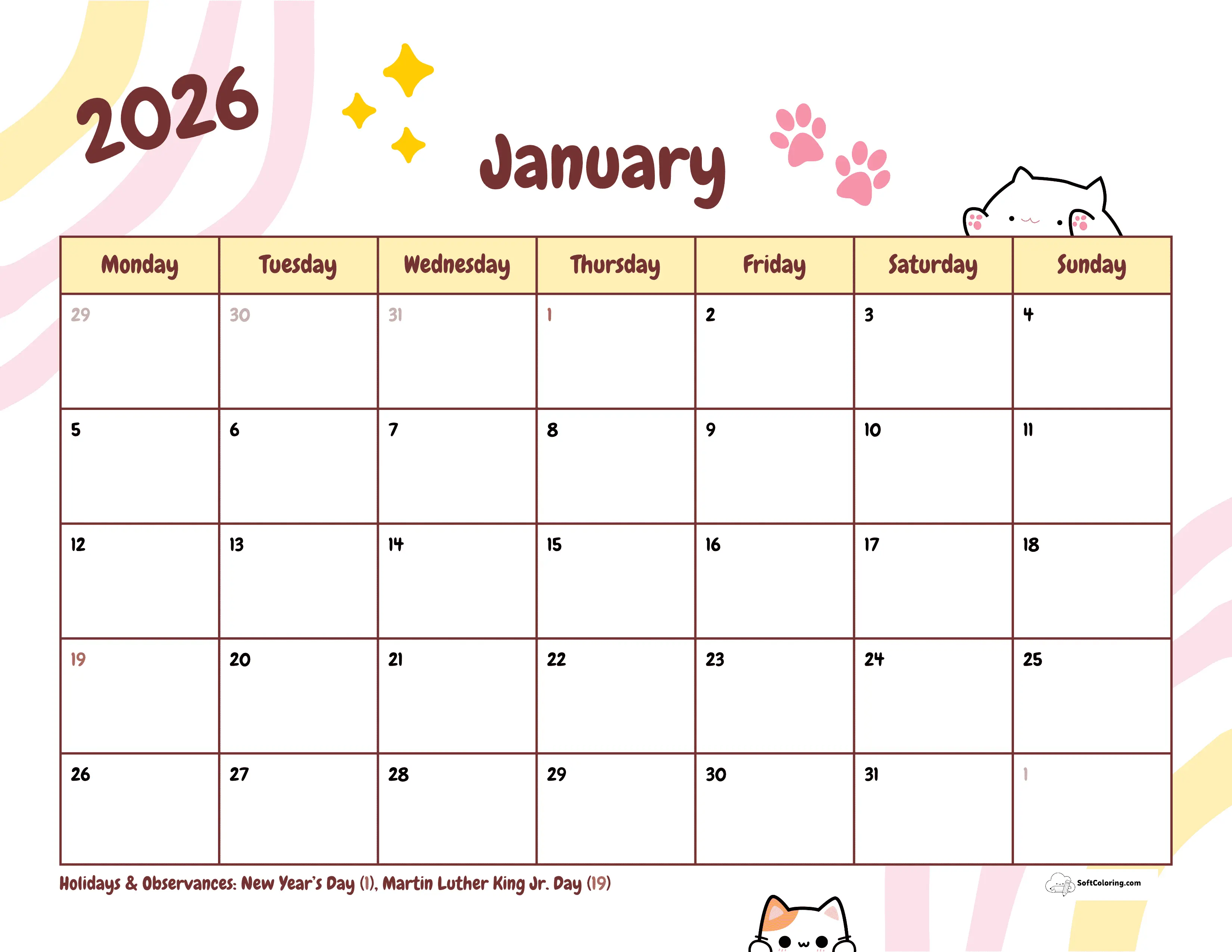 Kittens Jan Monday-Start Calendar 2026