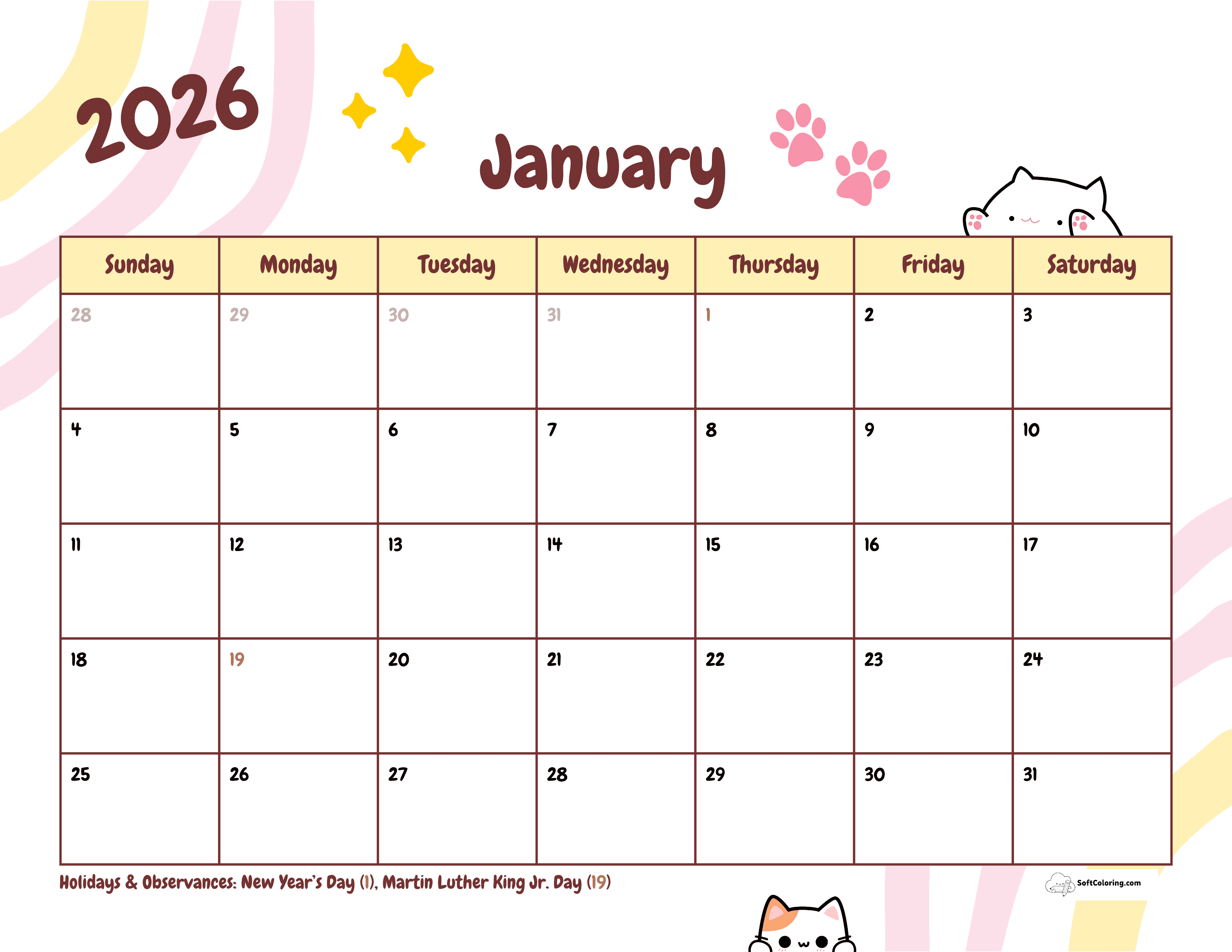 Cute Kittens January 2026 Printable Calendar