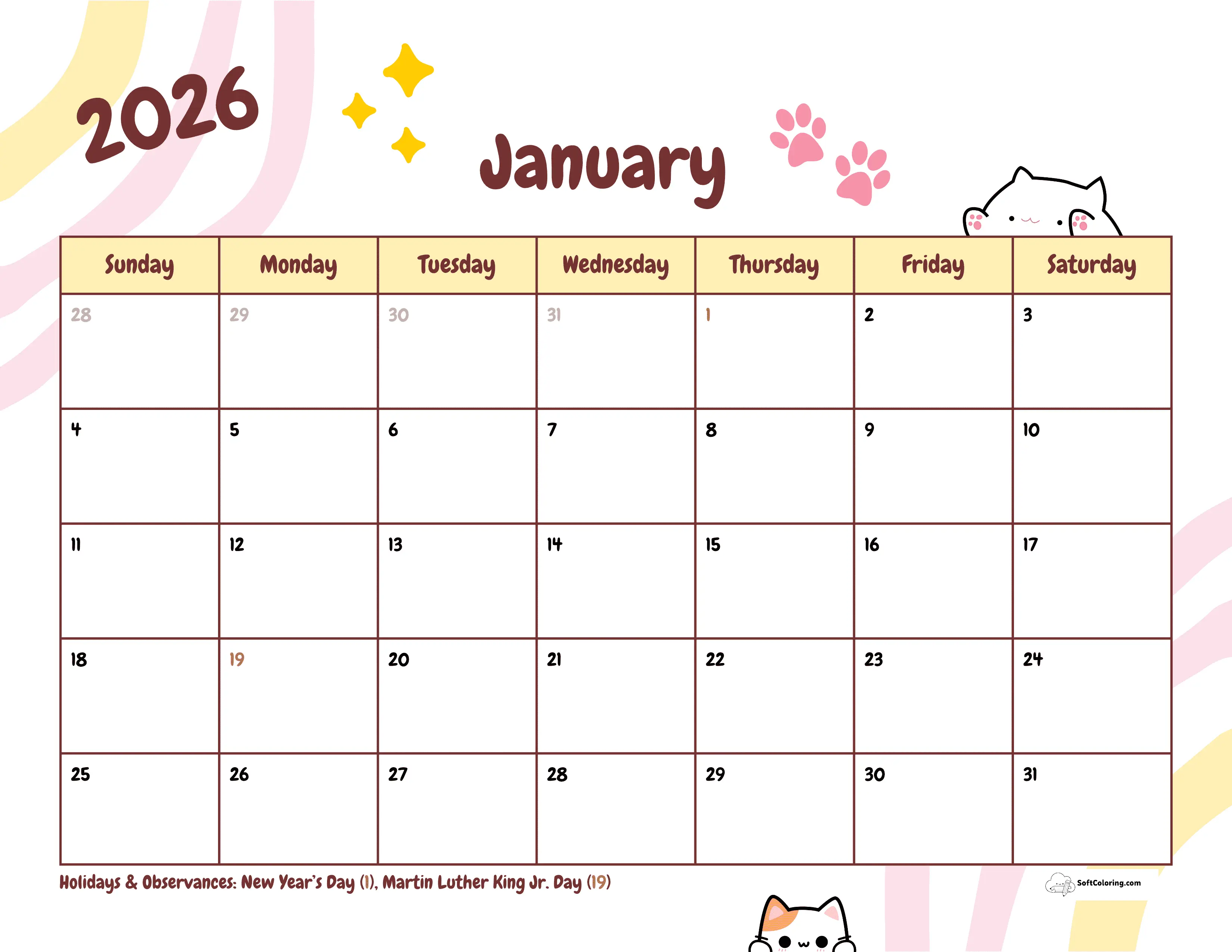 Cute Kittens January 2026 Printable Calendar