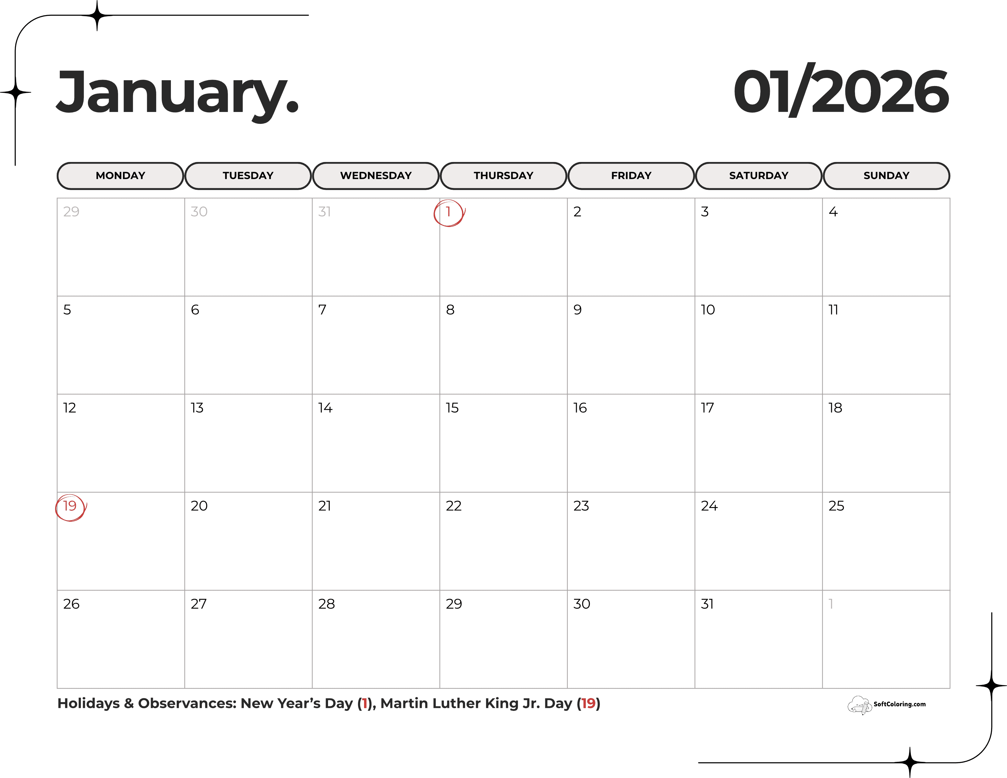 Elegant January 2026 Monday Calendar