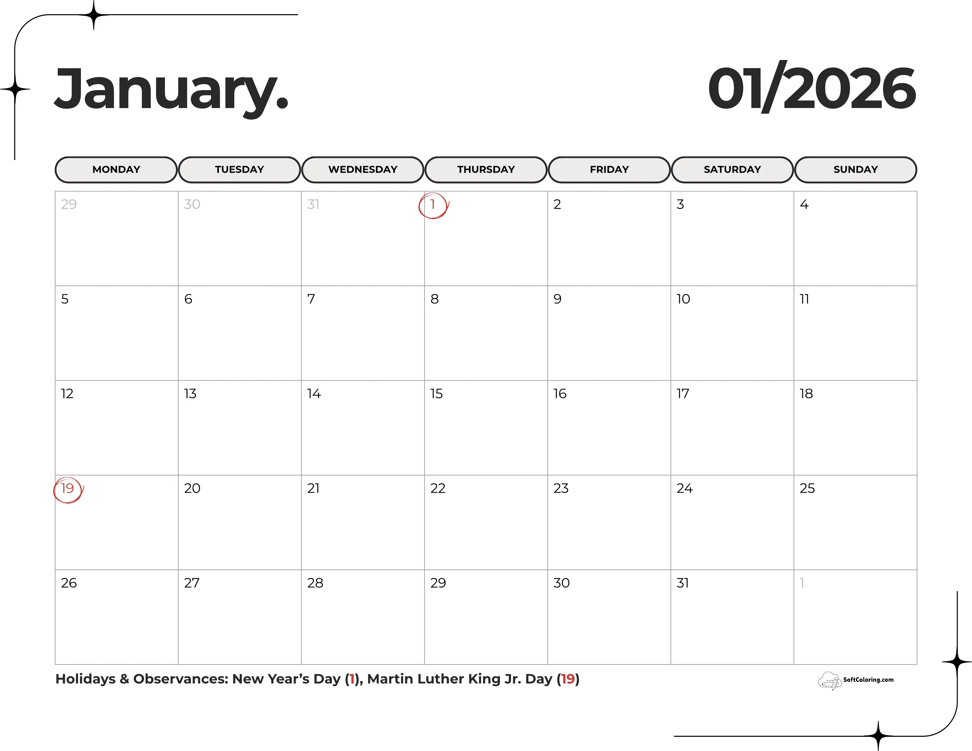 Elegant January 2026 Monday Calendar