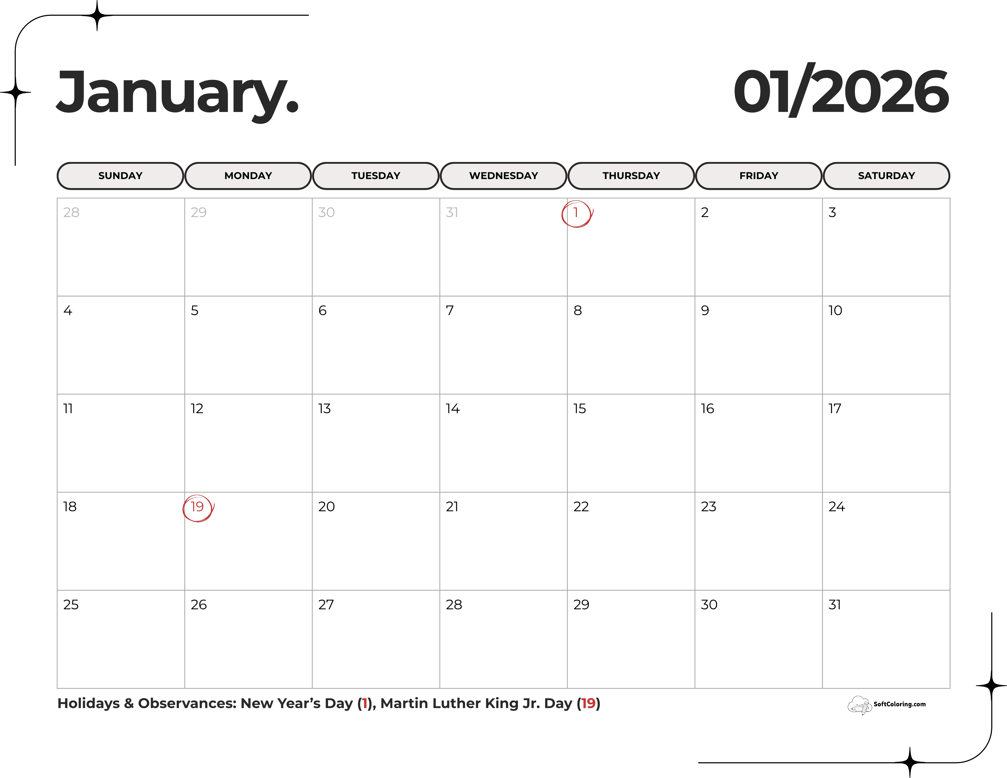 Elegant Minimalist 2026 January Printable Calendar