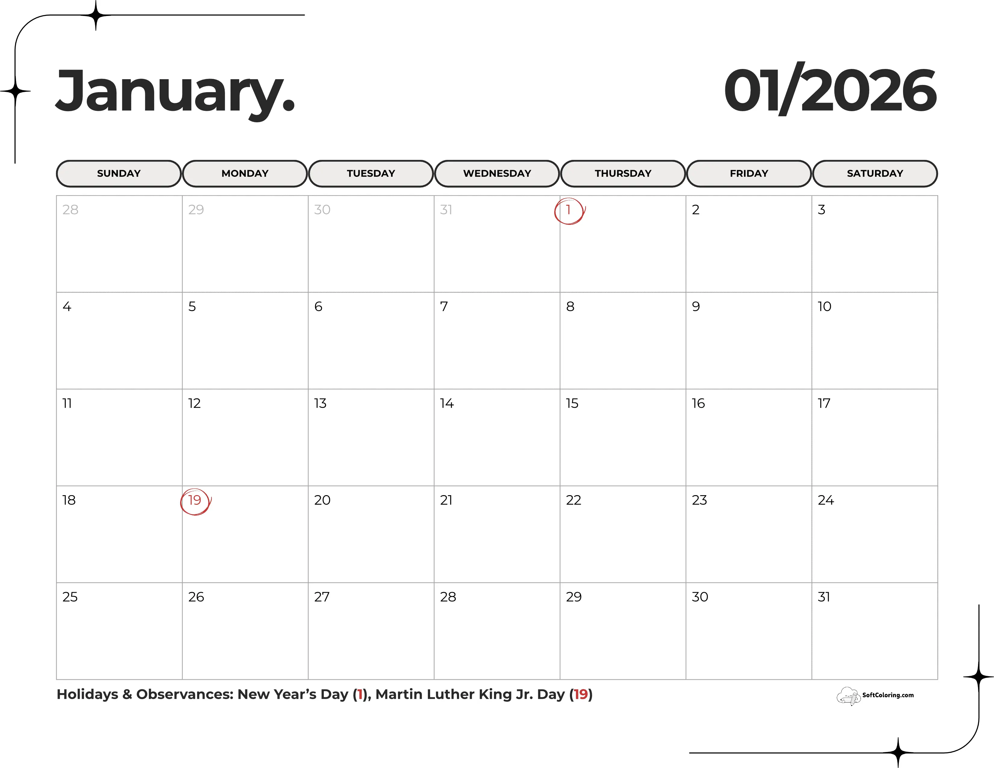 Elegant Minimalist 2026 January Printable Calendar