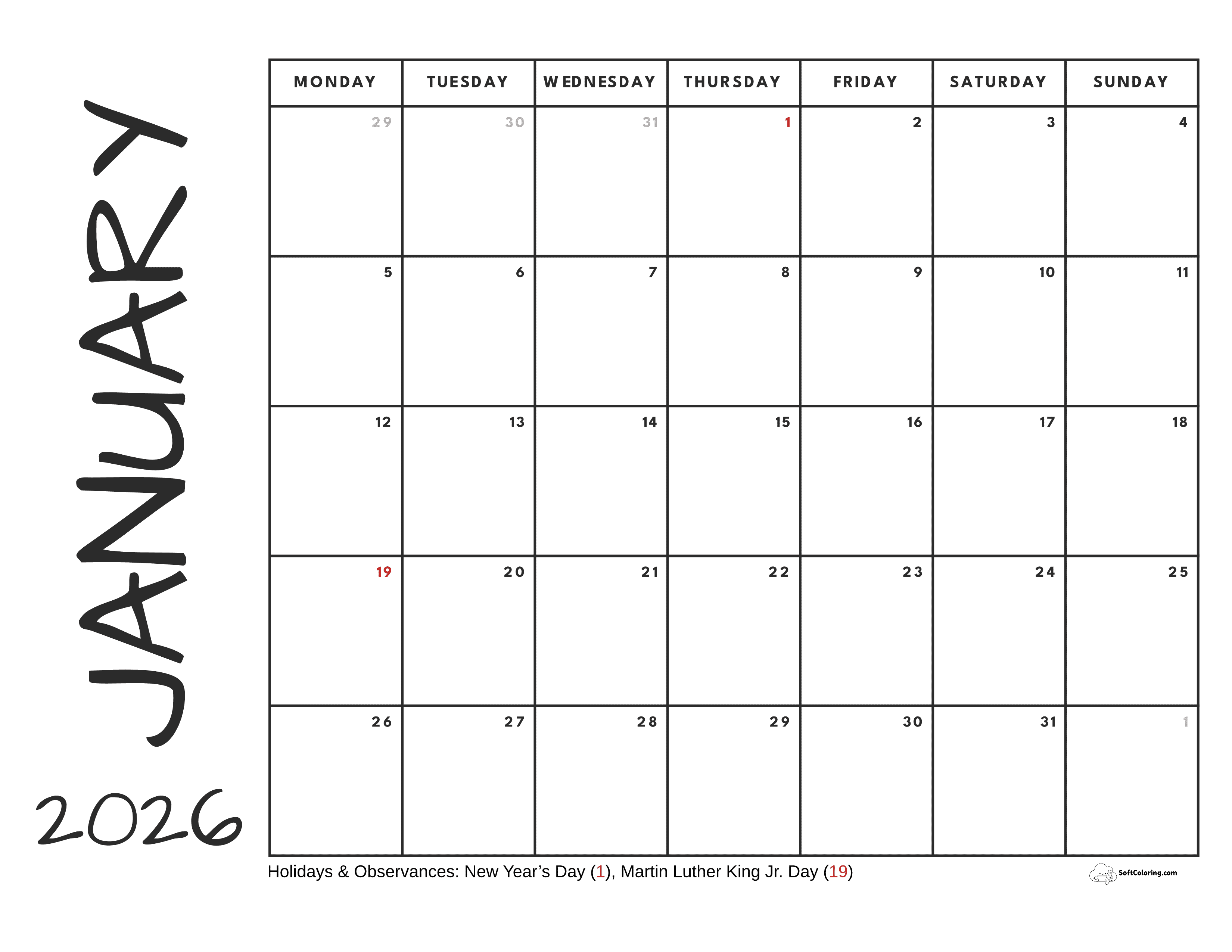 Journal January 2026 Monday Calendar