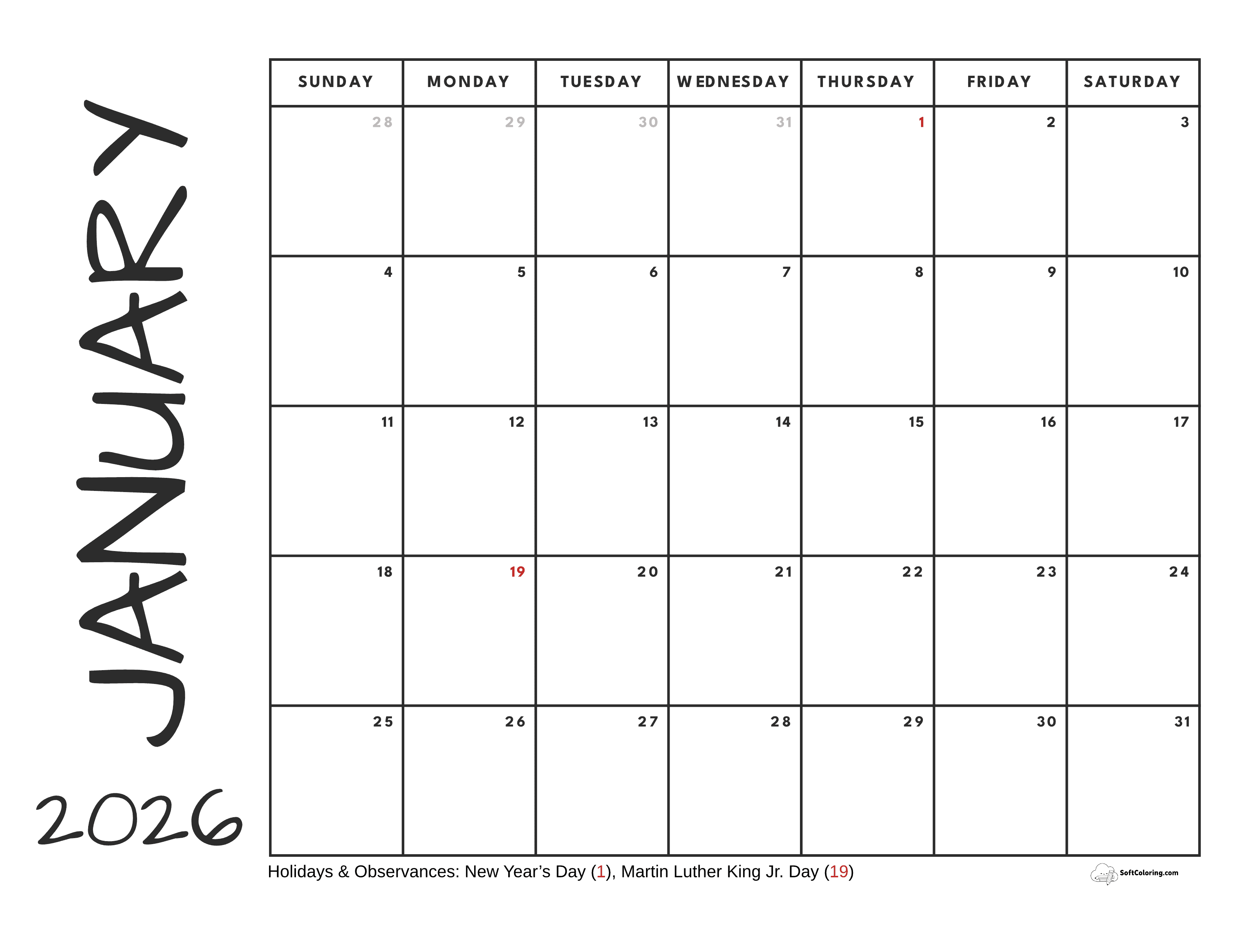 Cute Journal Simple January Calendar 2026 Free Download