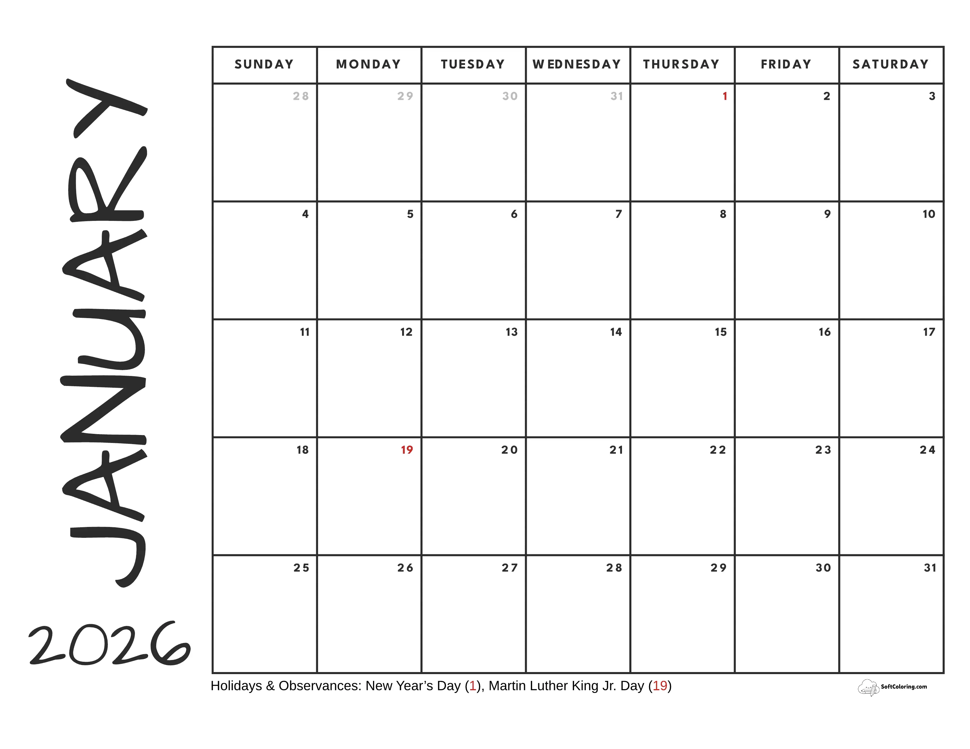 Cute Journal Simple January Calendar 2026 Free Download