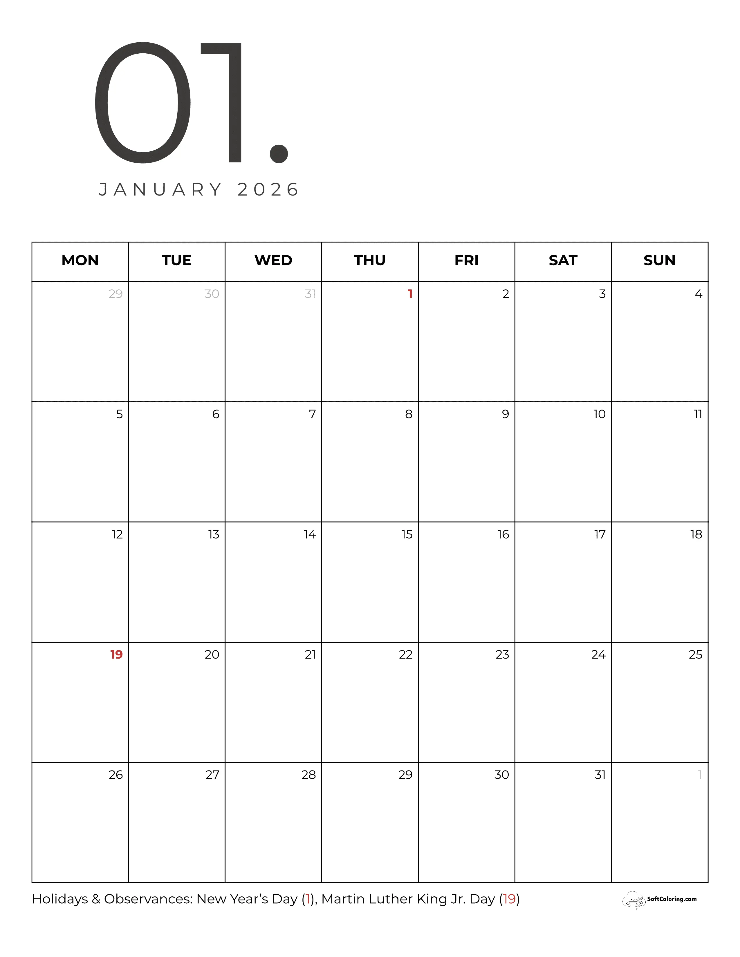 Minimal Portrait Jan 2026 Mon Calendar