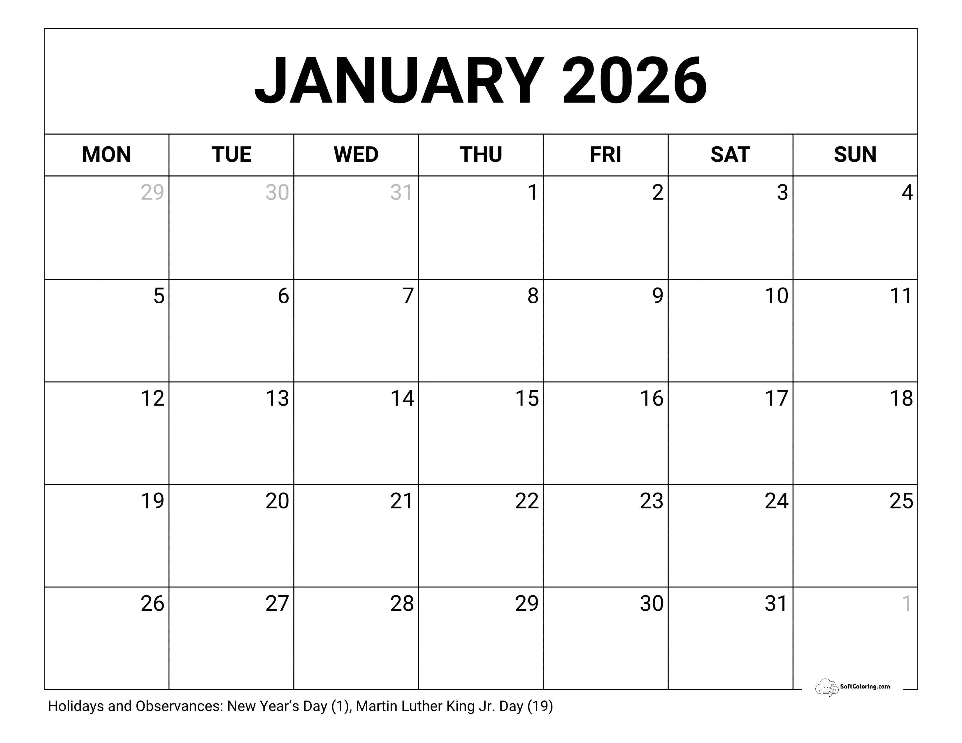 Blank January 2026 Monday Calendar