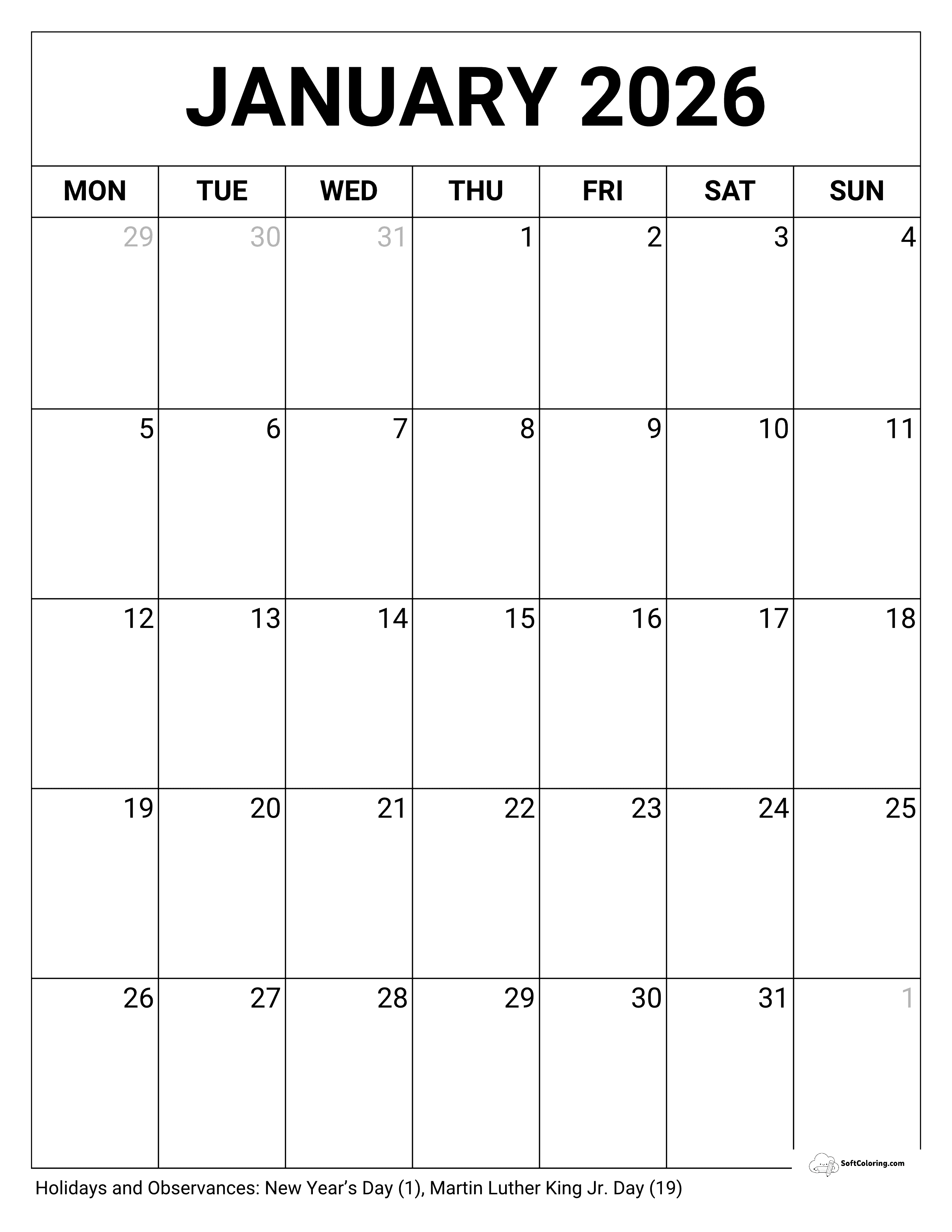 Blank Portrait Jan 2026 Mon Calendar