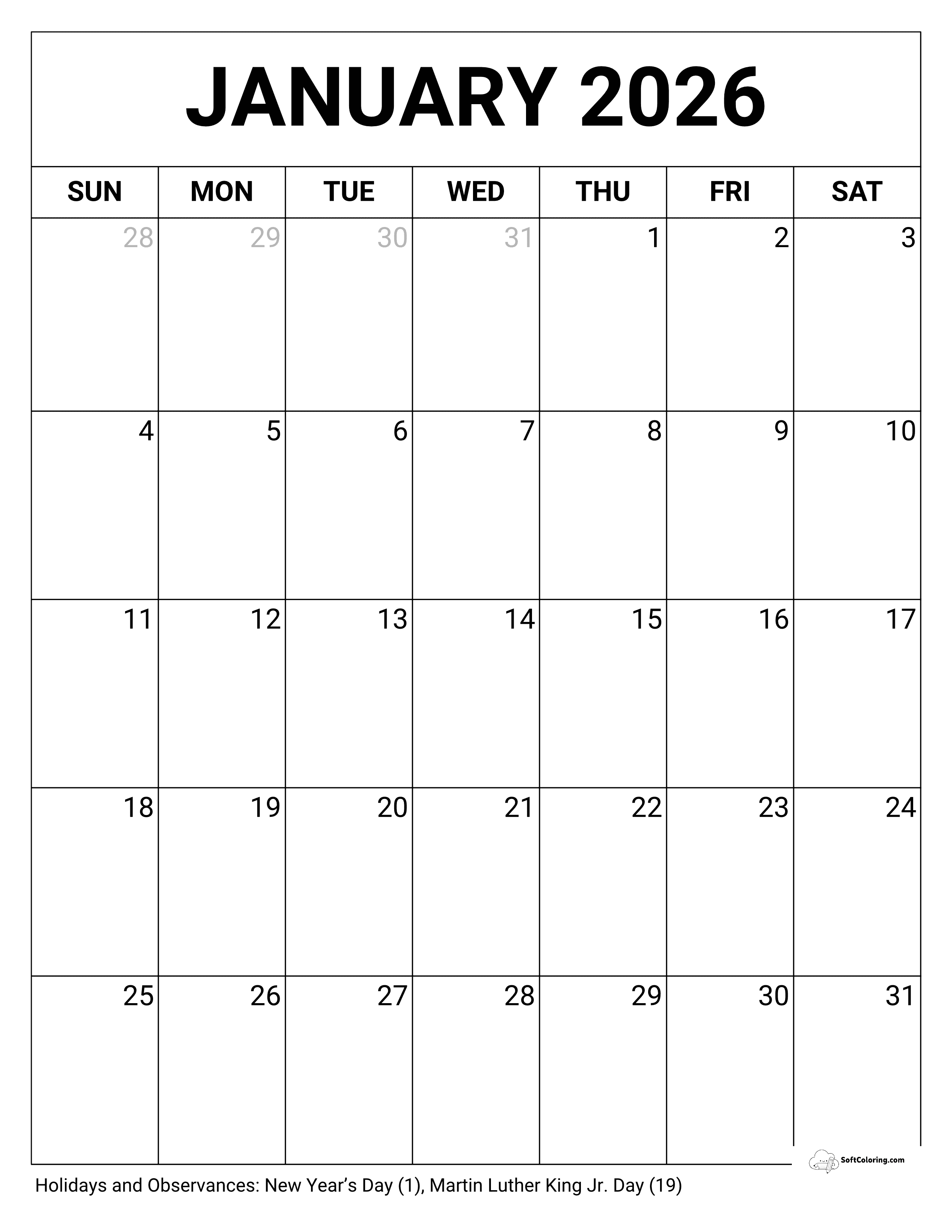 Blank Portrait January Calendar 2026 Printable