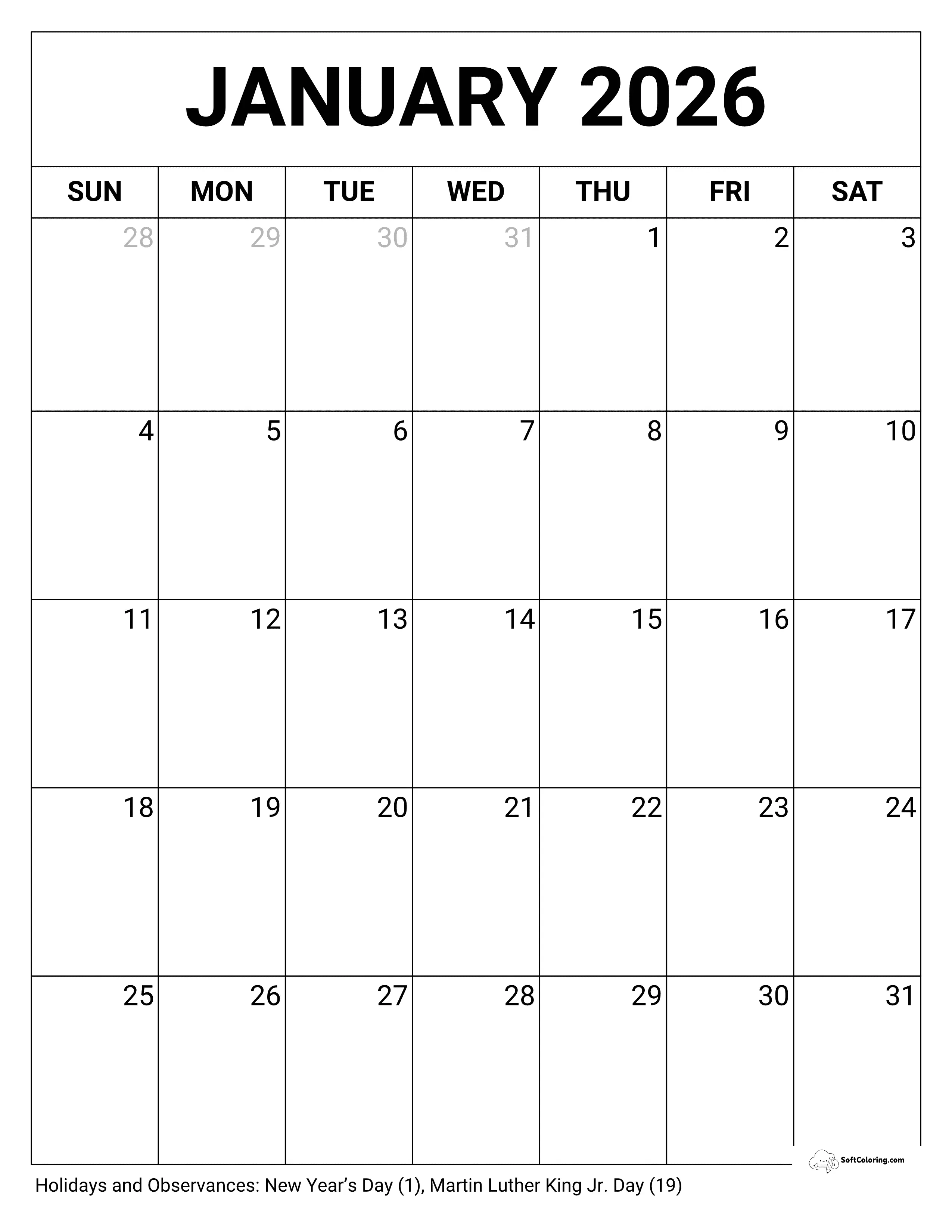 Blank Portrait January Calendar 2026 Printable