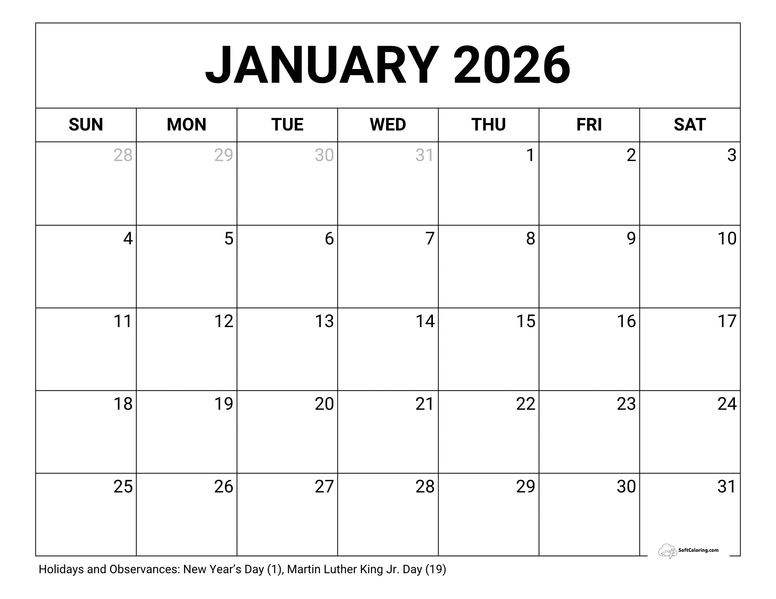 Blank January 2026 Calendar Printable