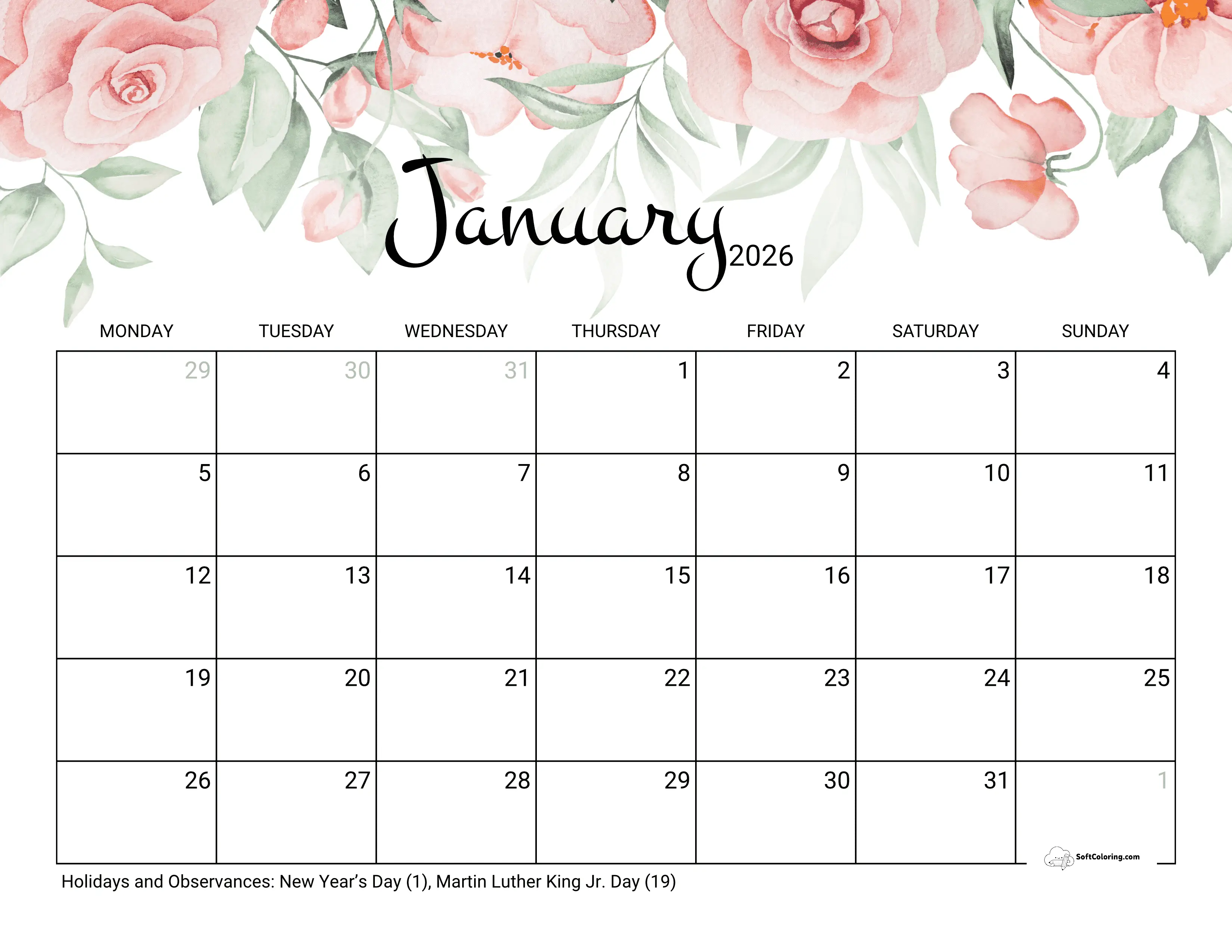 Roses January 2026 Monday Calendar