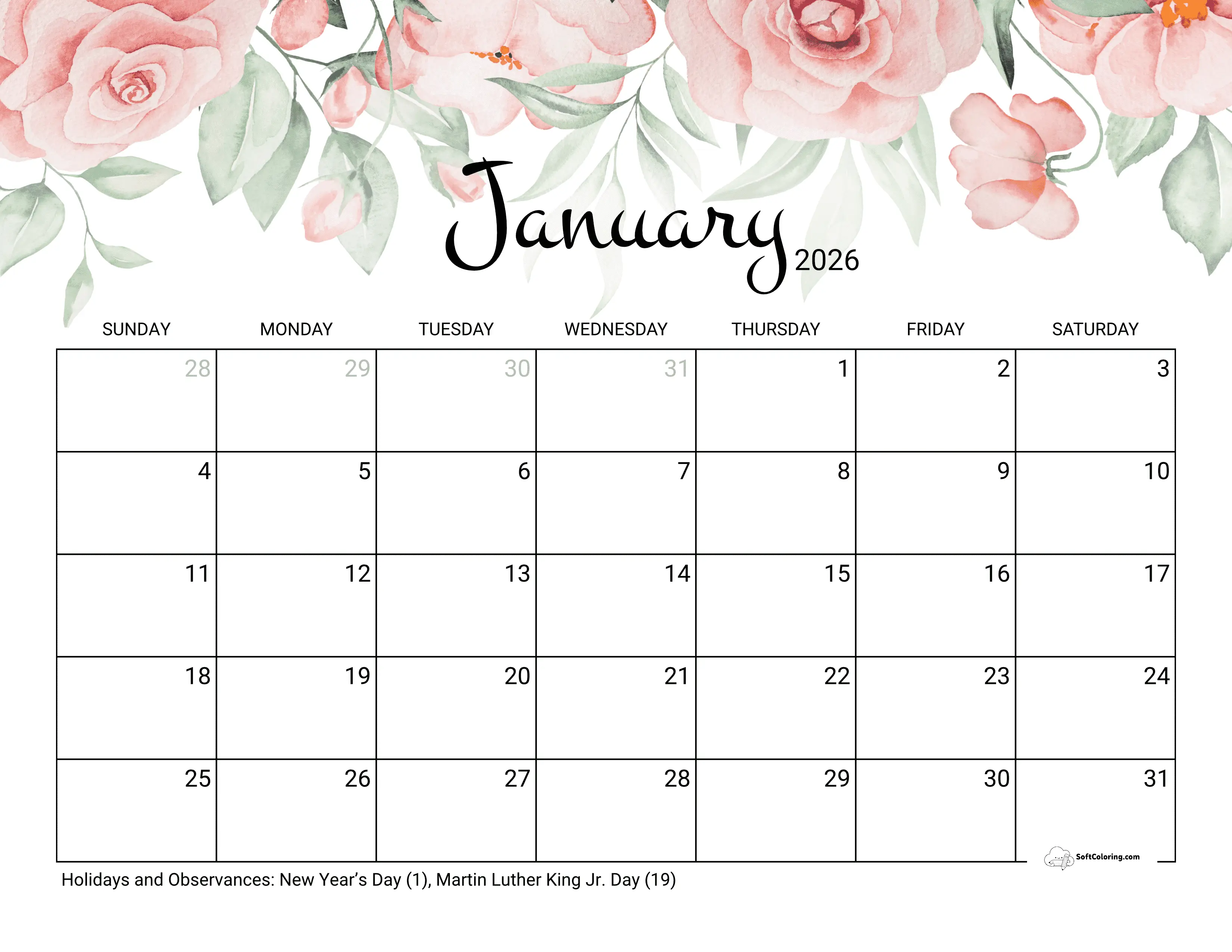 Watercolor Roses Printable Calendar January 2026