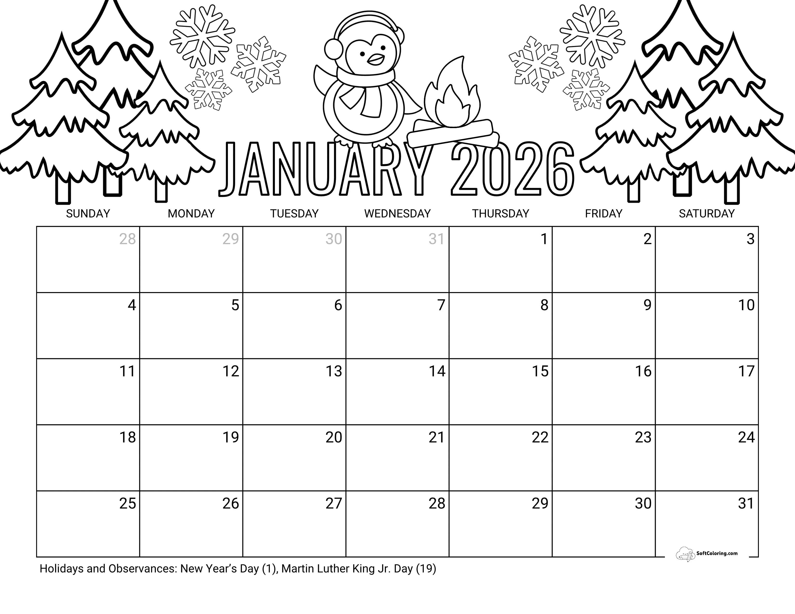 Cute Penguin Winter Coloring Calendar January 2026