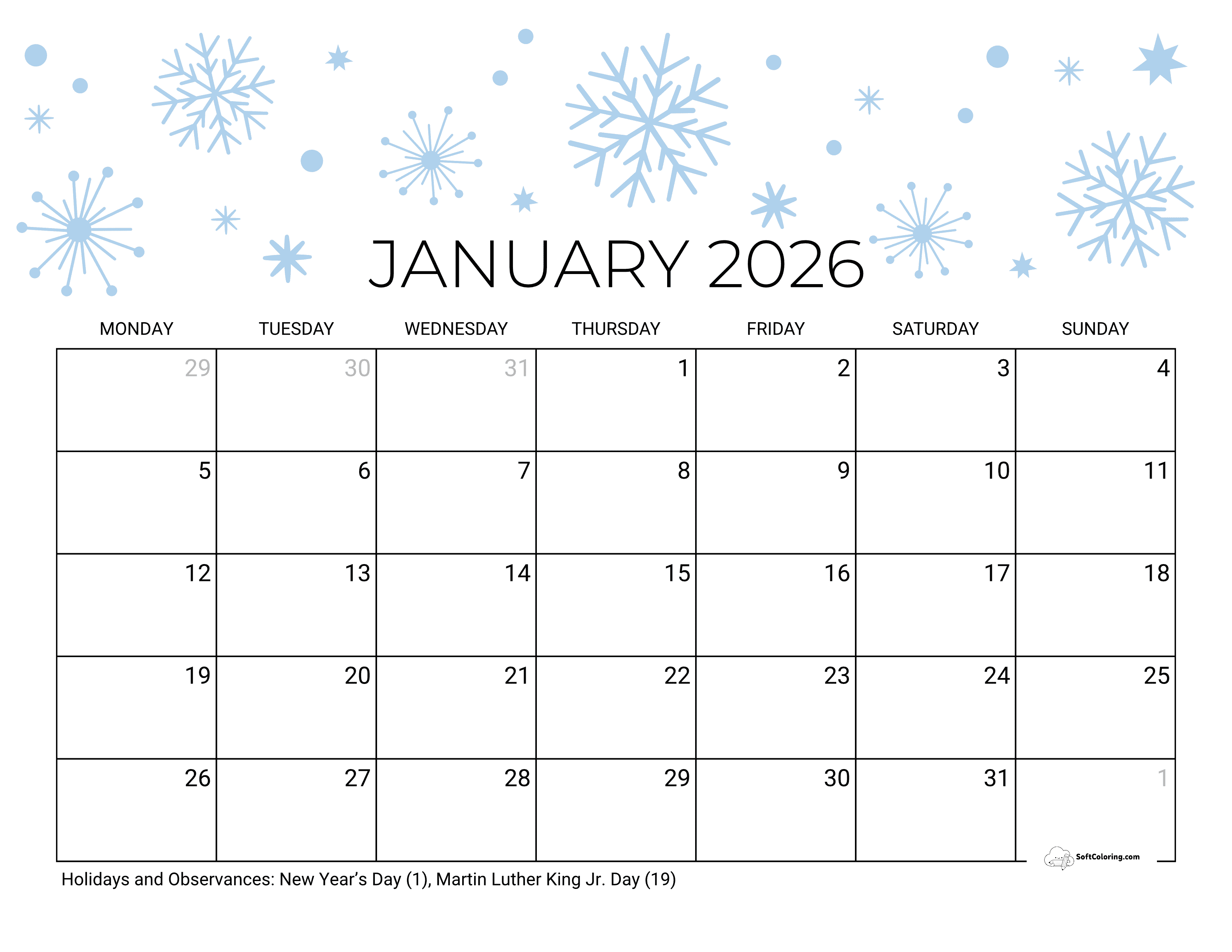 Snowflakes Jan 2026 Mon Calendar