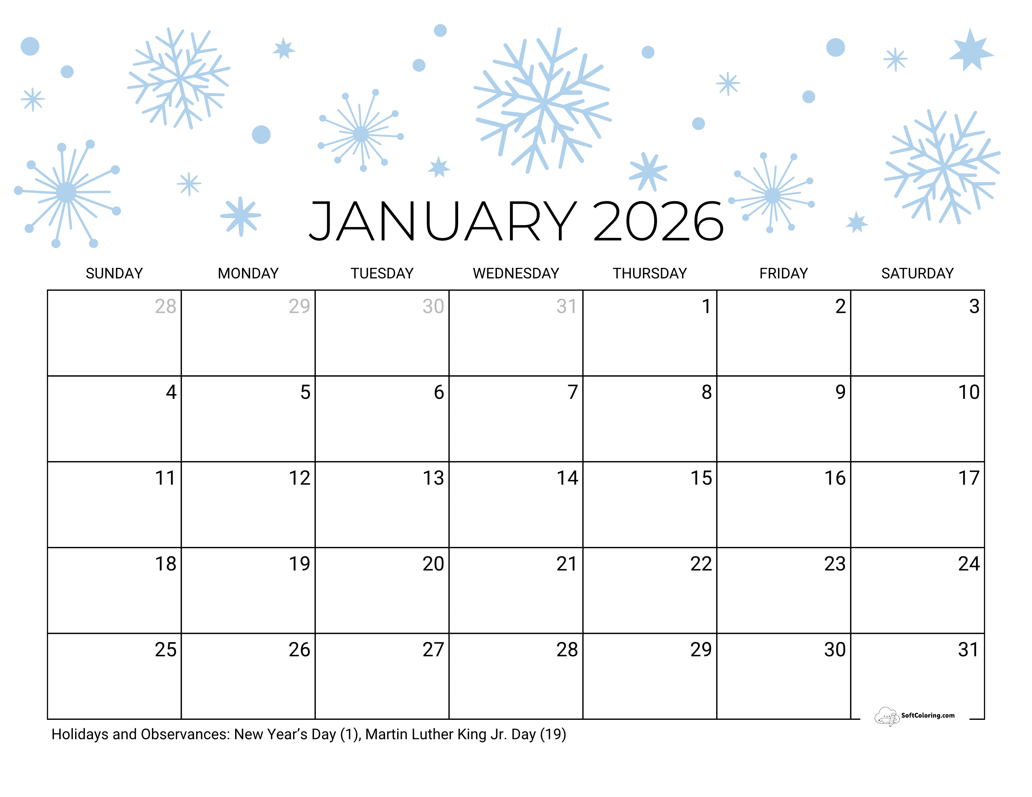 Printable Winter Snowflakes January 2026 Calendar