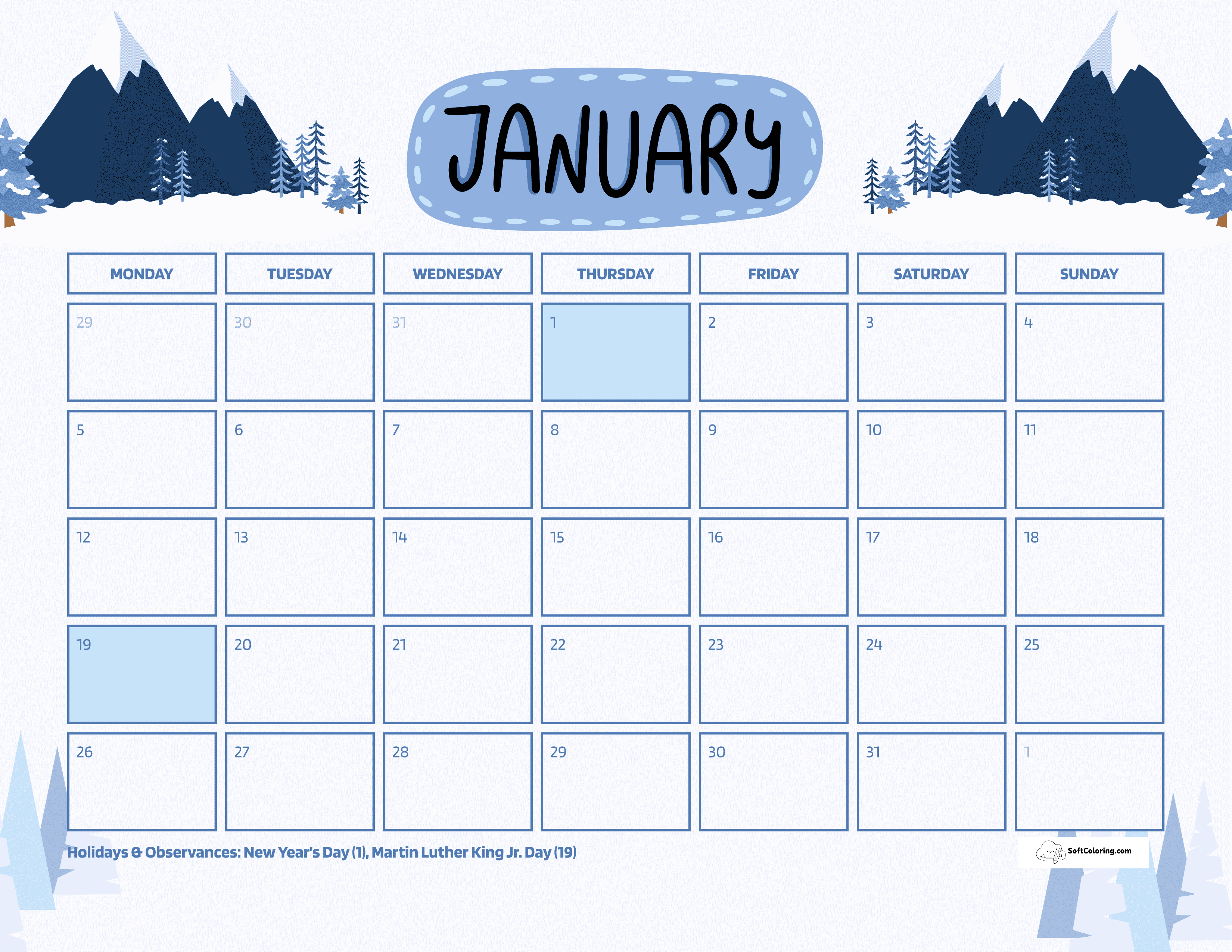 Mountains Jan 2026 Monday Calendar