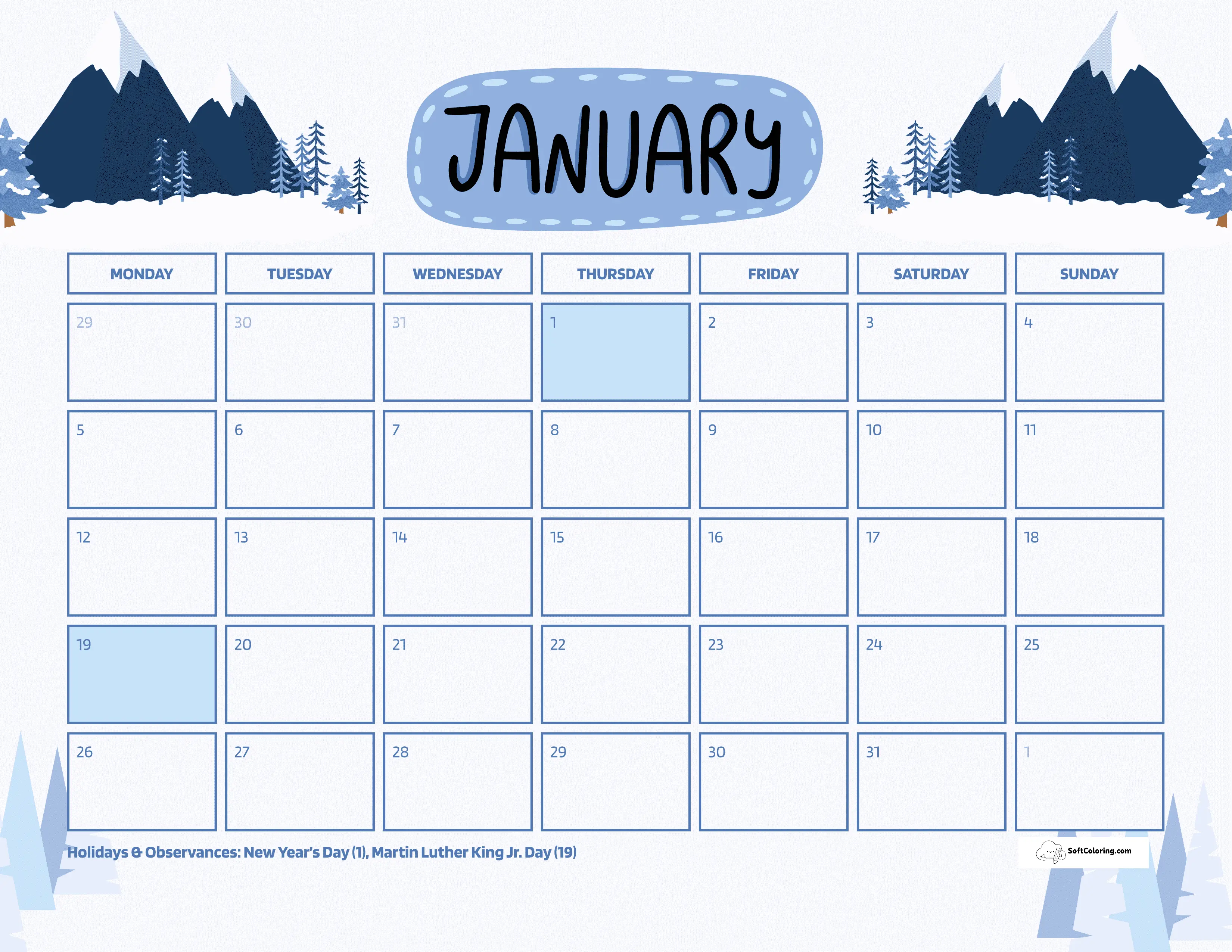 Mountains Jan 2026 Monday Calendar
