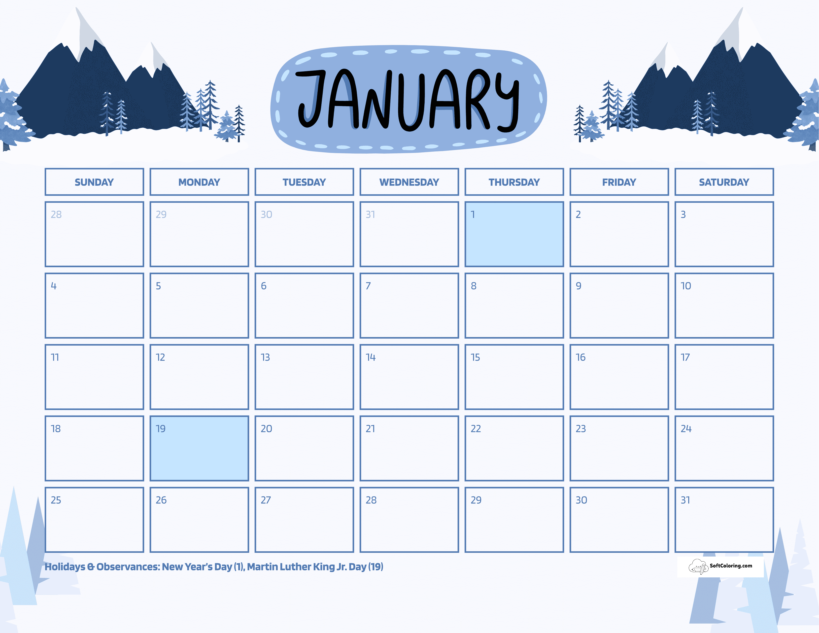 Simple Blue Winter Mountains January 2026 Calendar To Download