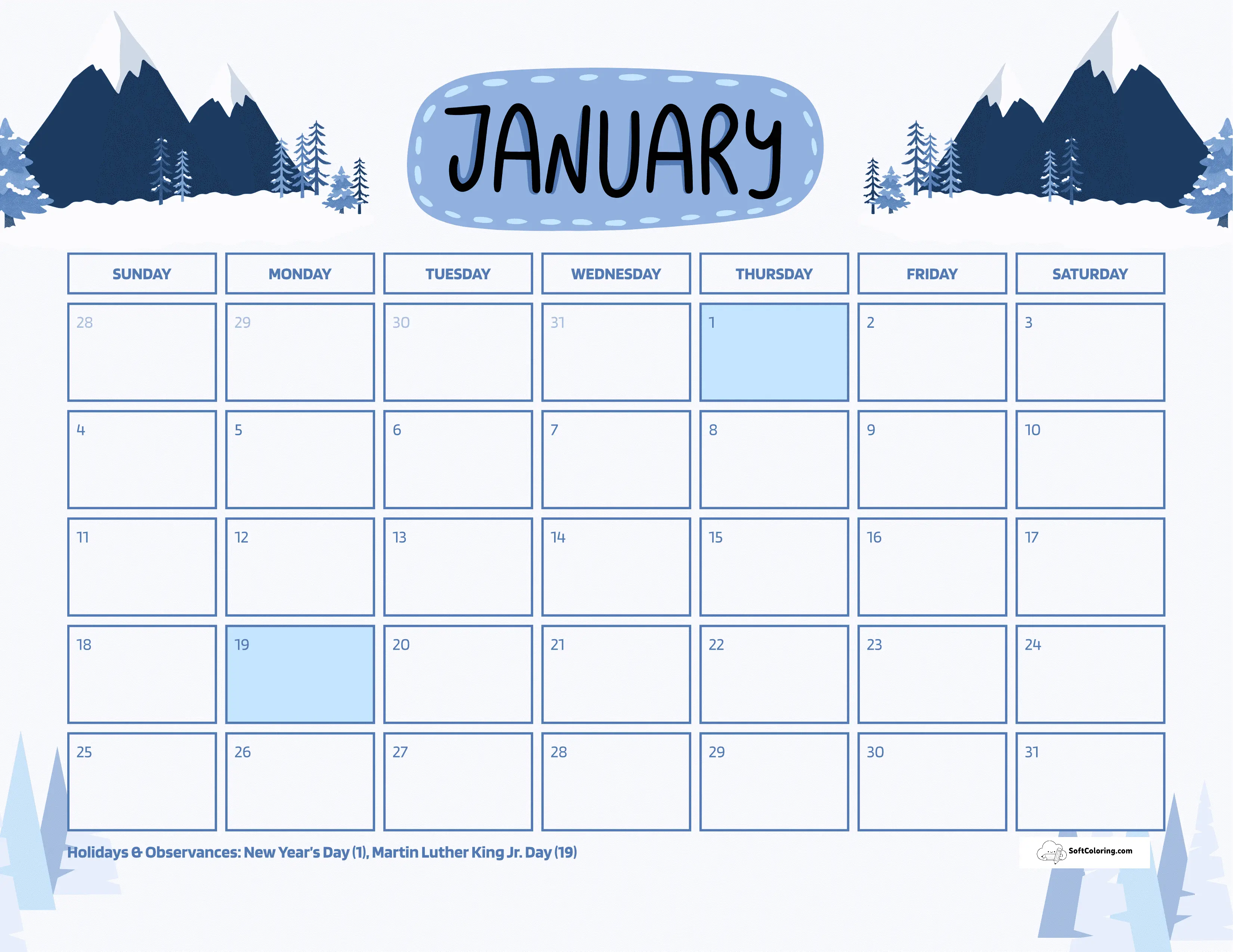 Simple Blue Winter Mountains January 2026 Calendar To Download