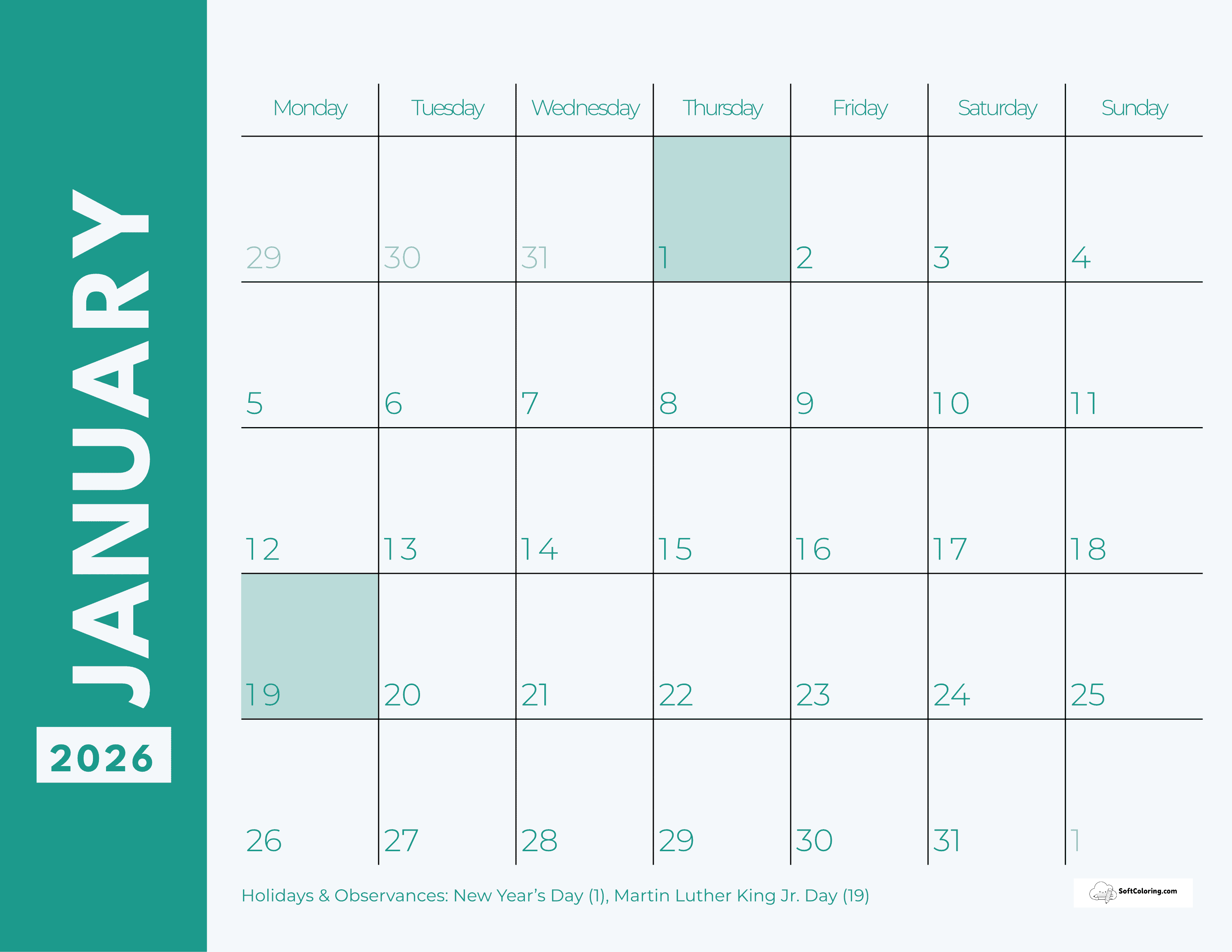 Green January 2026 Monday Calendar