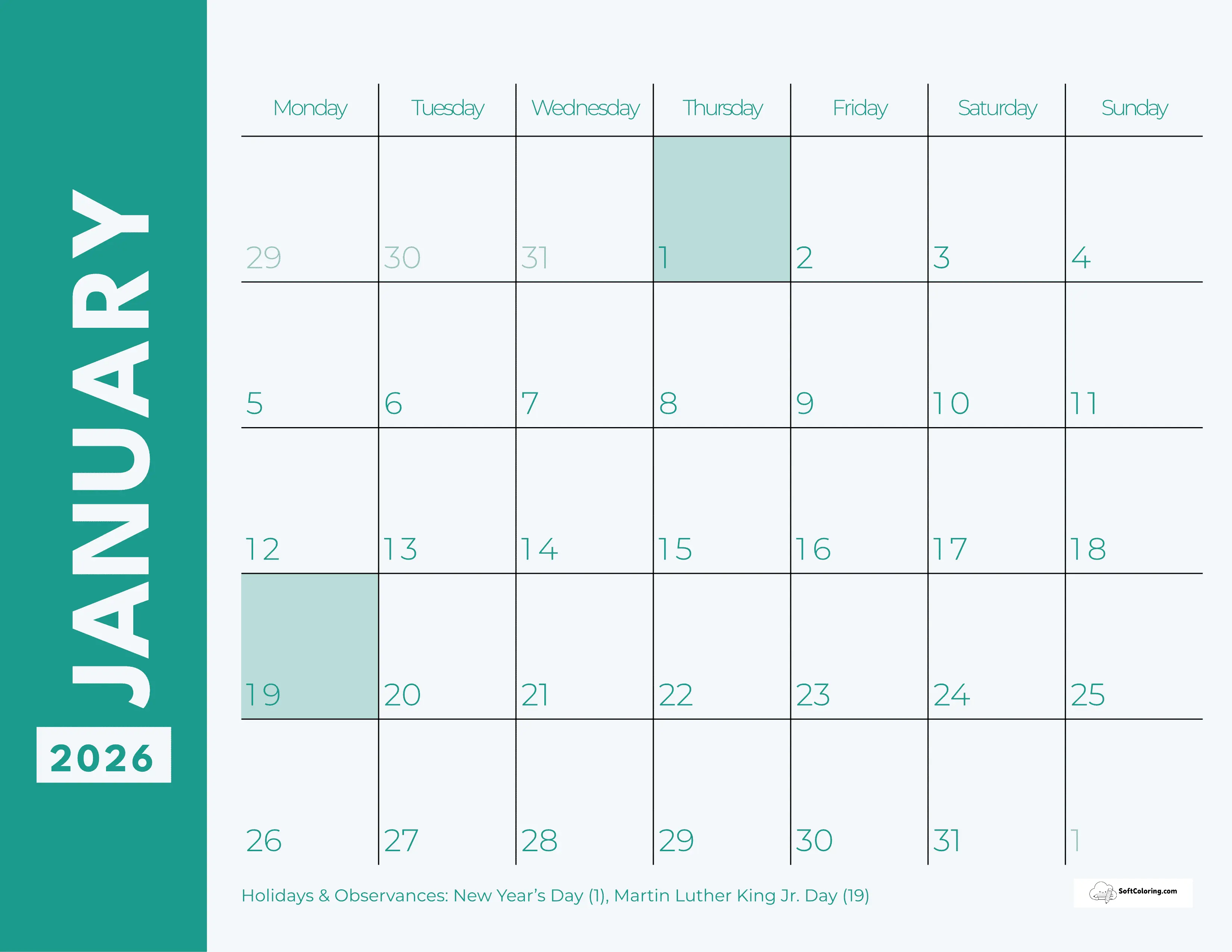 Green January 2026 Monday Calendar