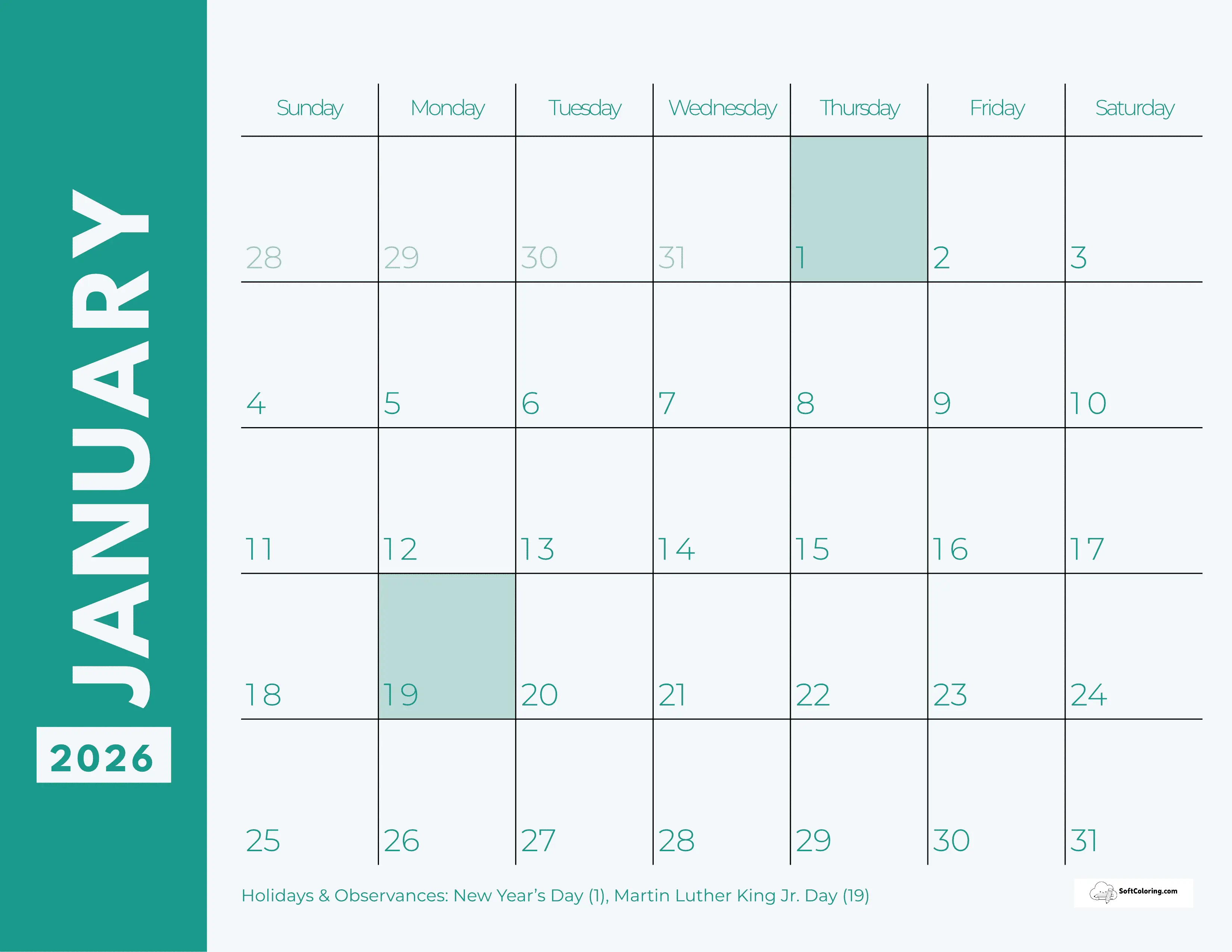 Simple Green Blank 2026 January Printable Calendar Template
