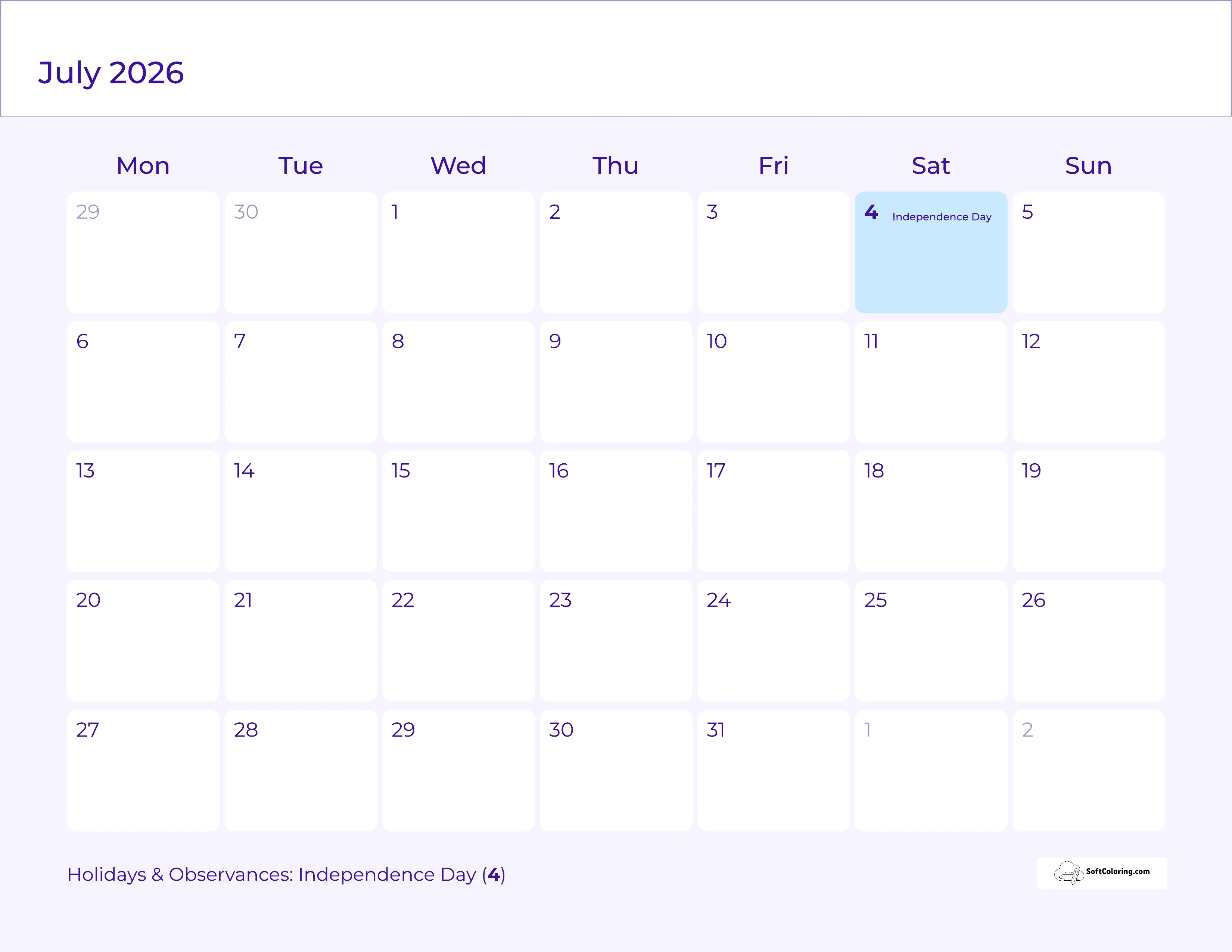 Purple - July 2026 Monday Calendar