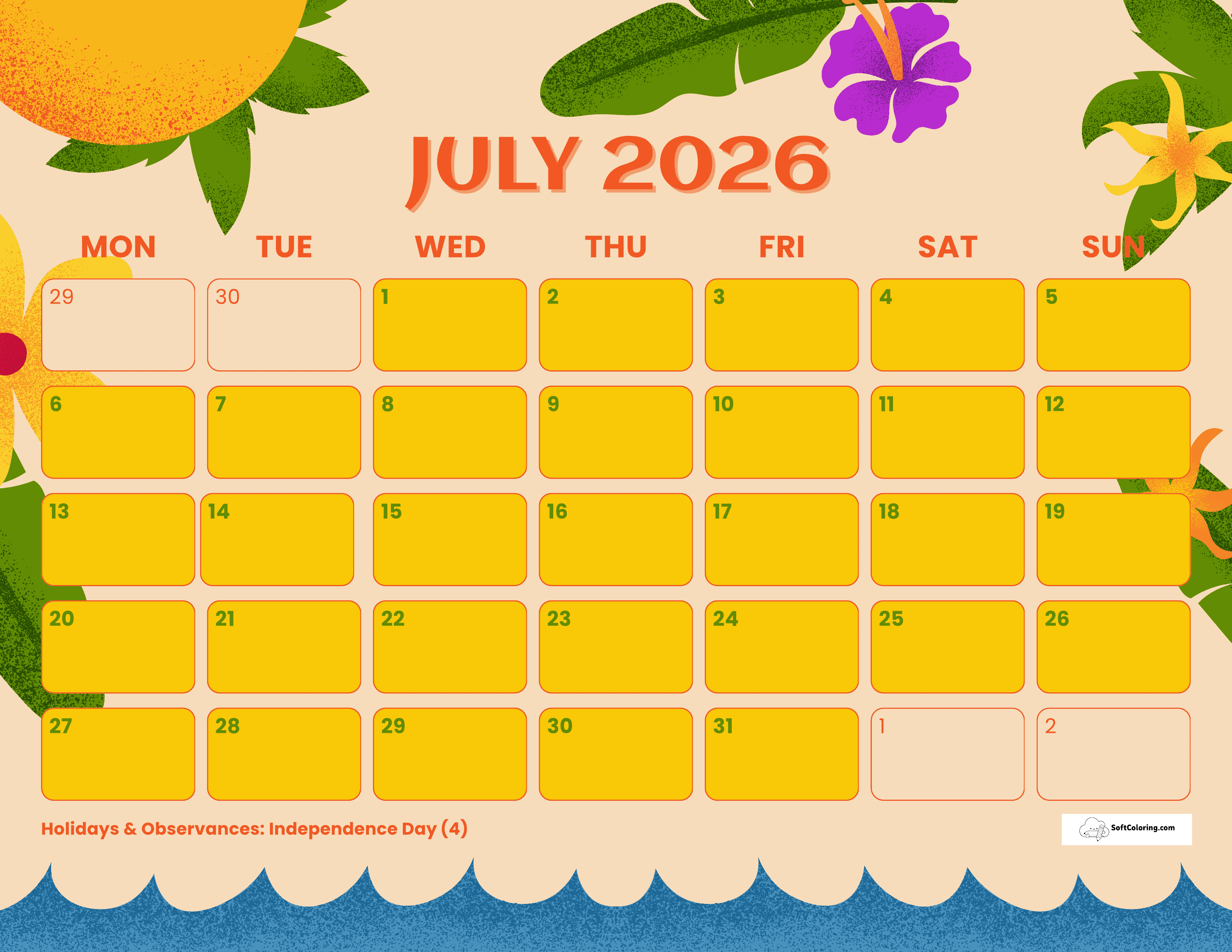 Tropical - July 2026 Monday Calendar