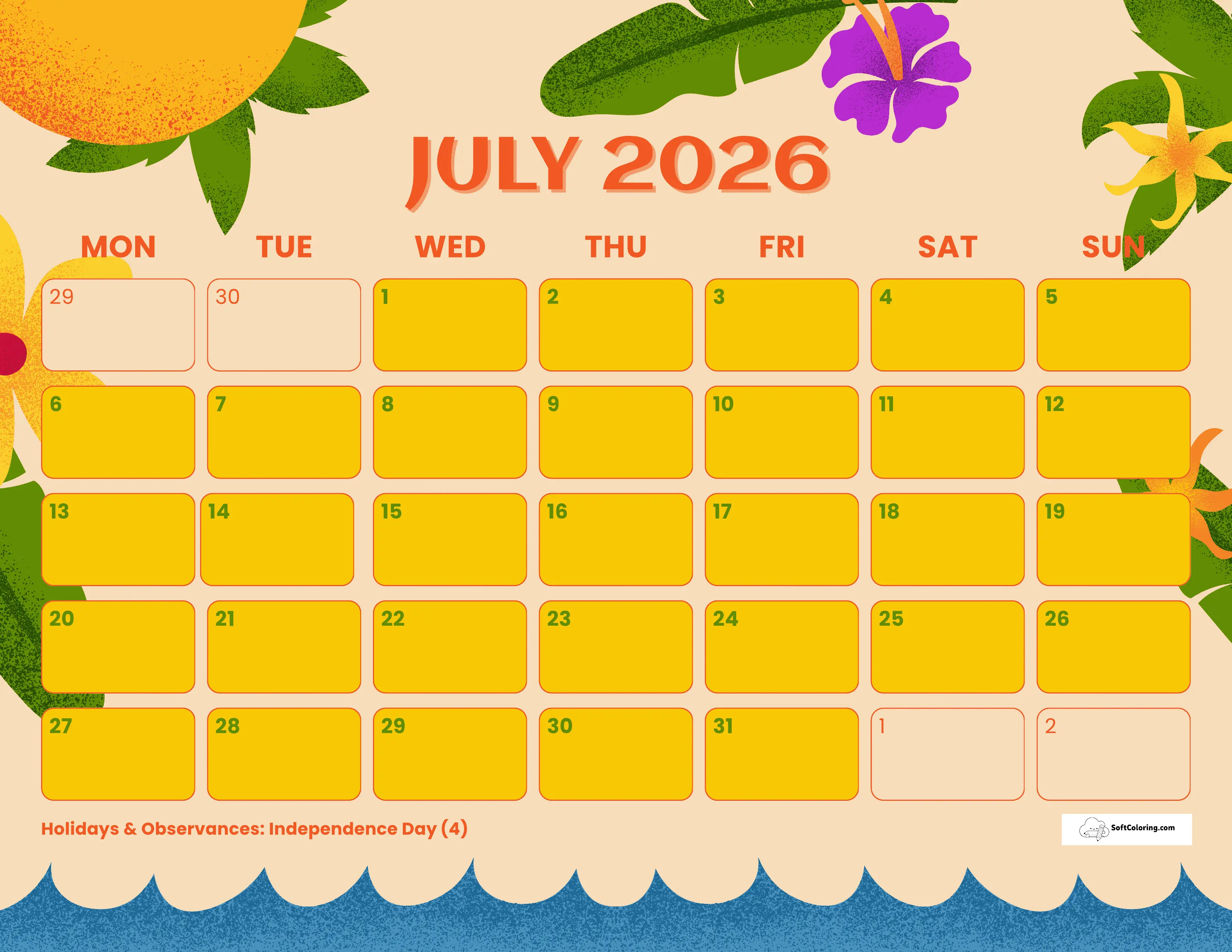 Tropical - July 2026 Monday Calendar