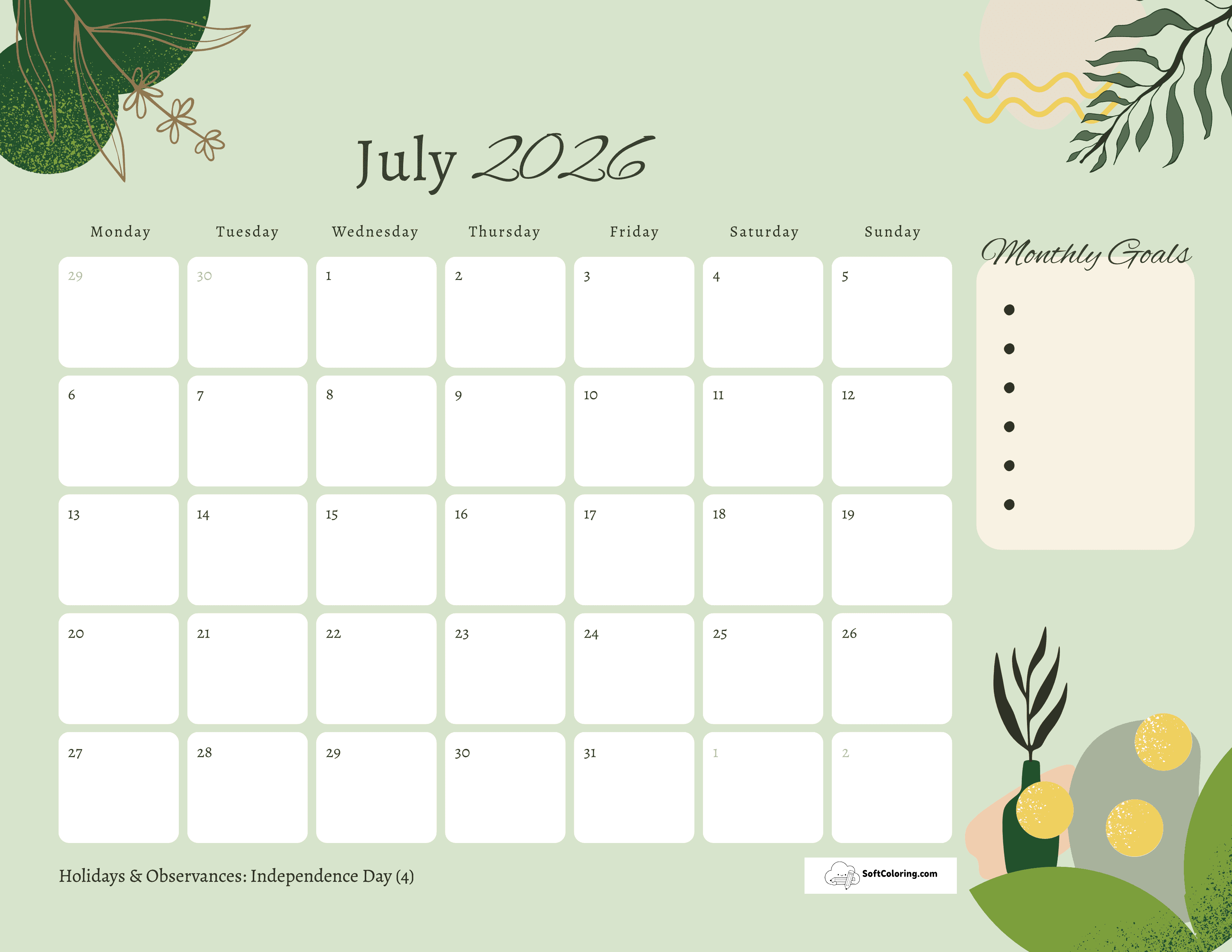 Green - July 2026 Monday Calendar