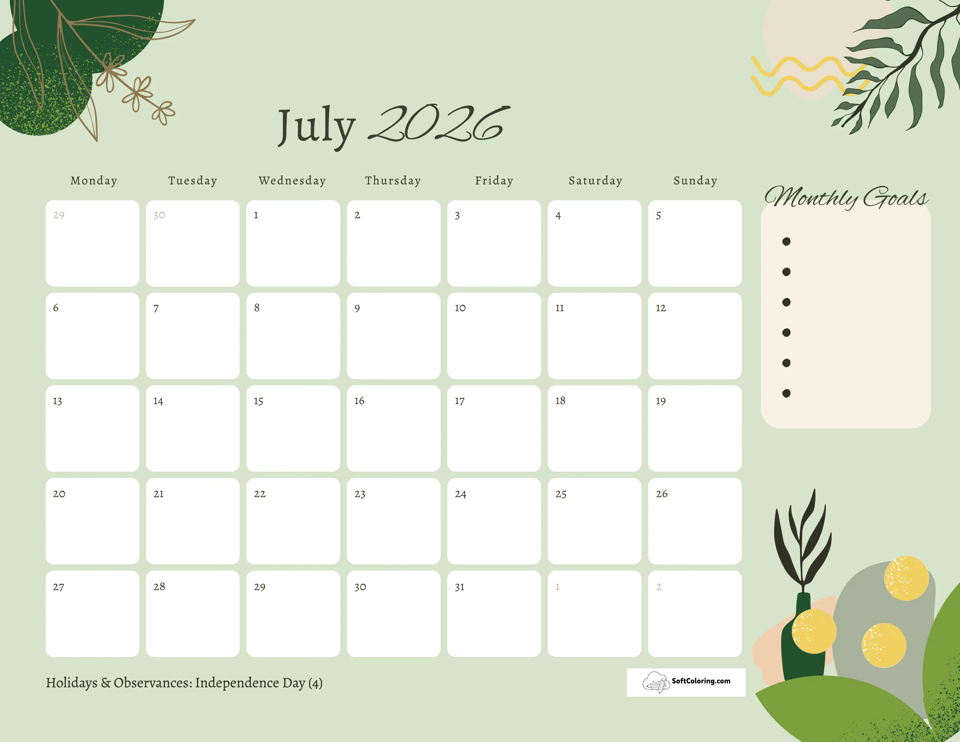 Green - July 2026 Monday Calendar