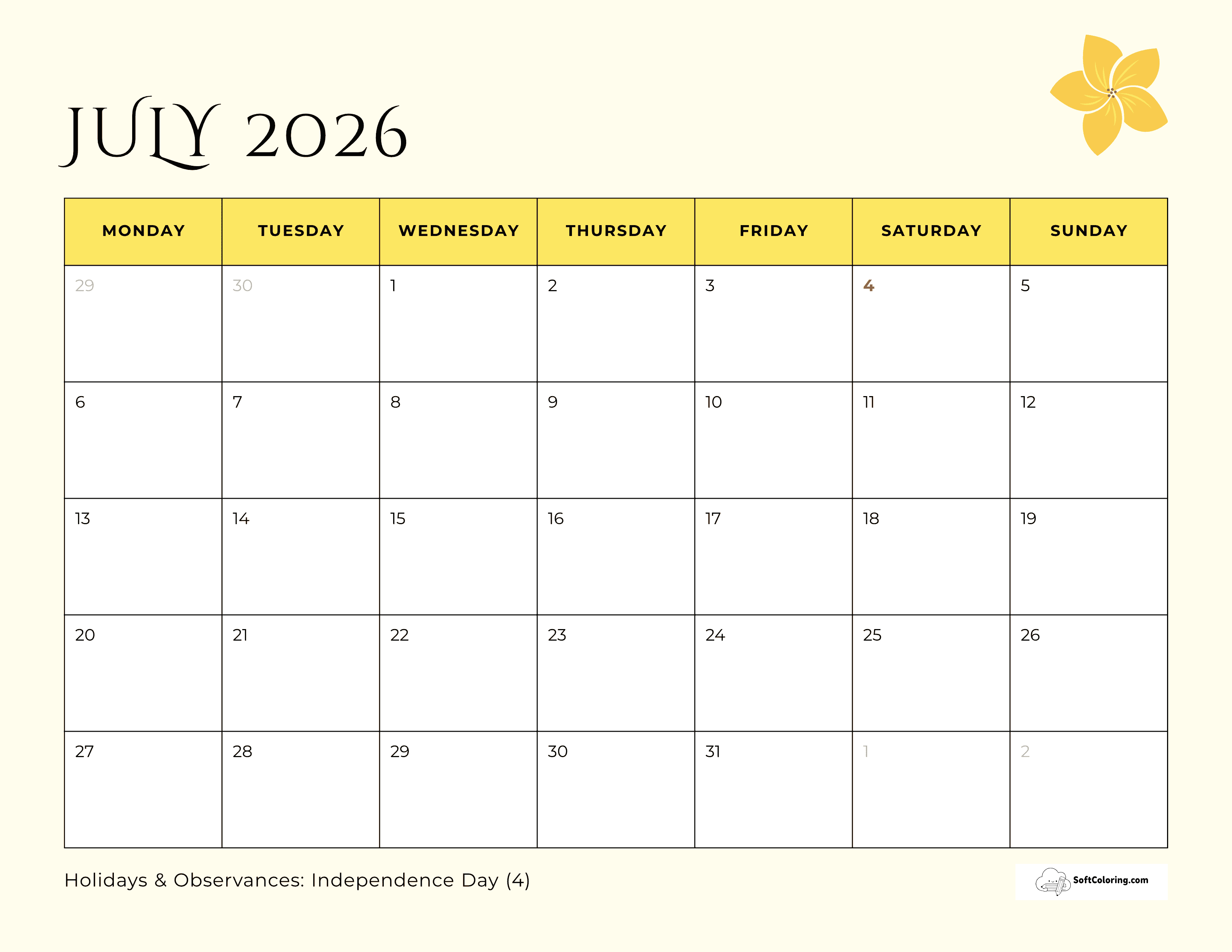 Flower - July 2026 Monday Calendar