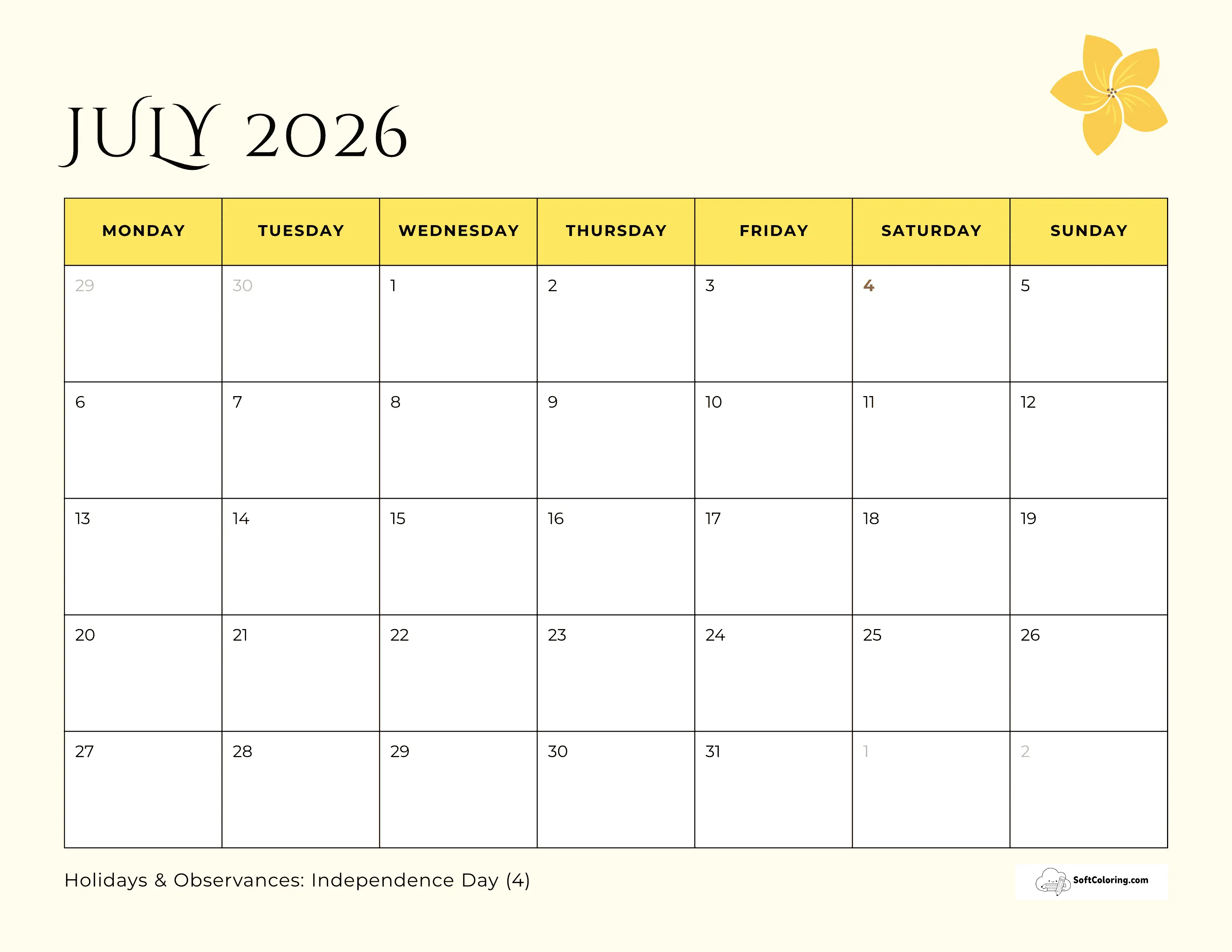 Flower - July 2026 Monday Calendar