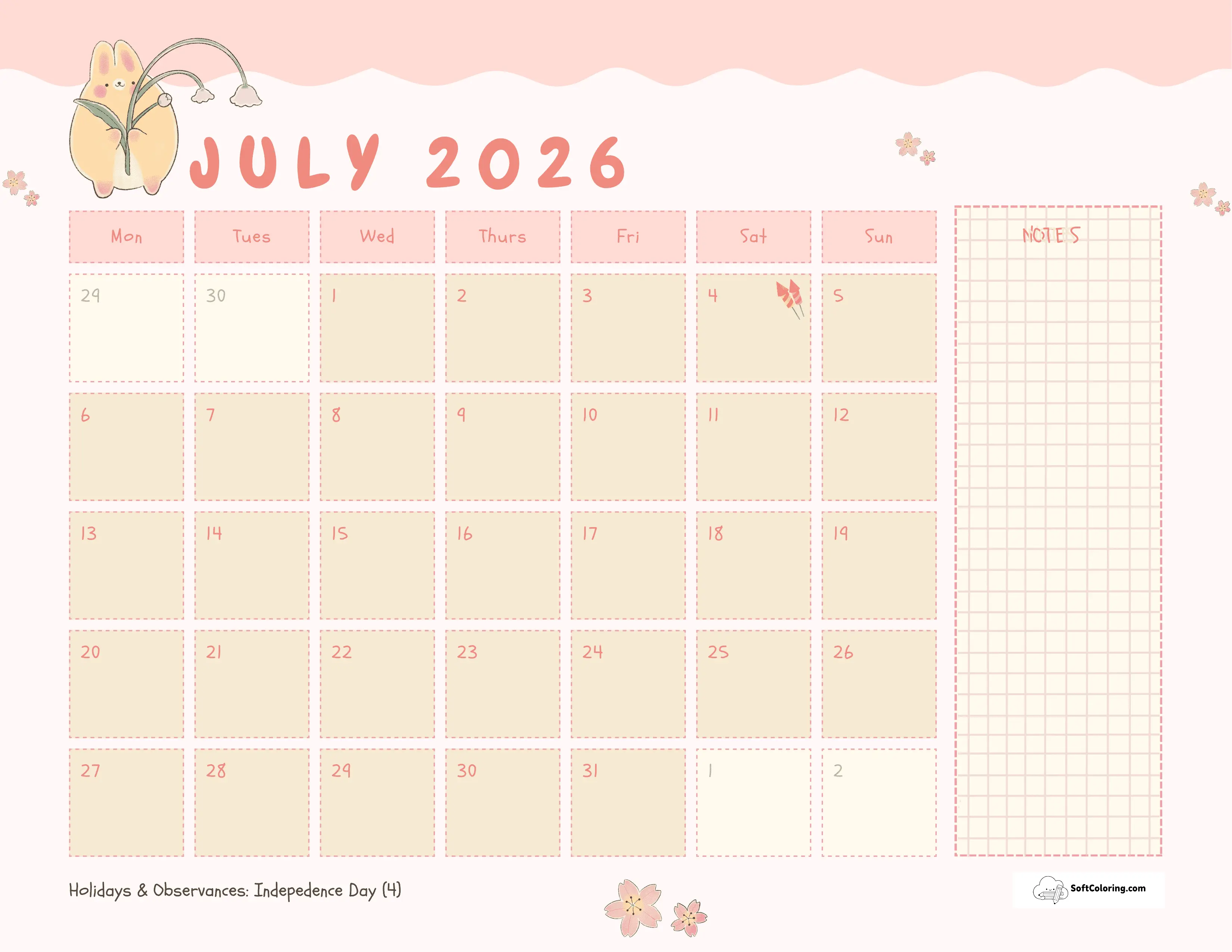 Cute - July 2026 Monday Calendar