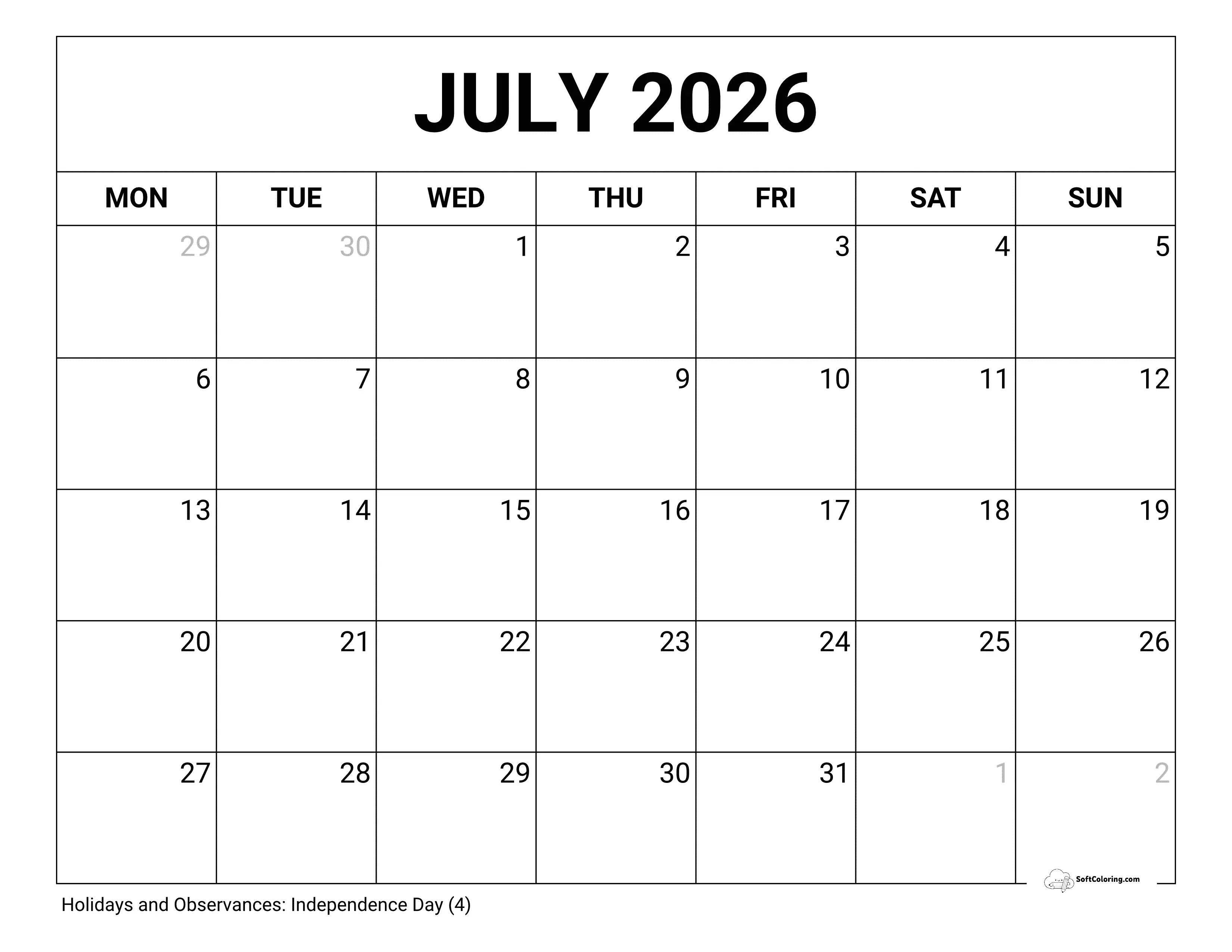Blank - July 2026 Monday Calendar