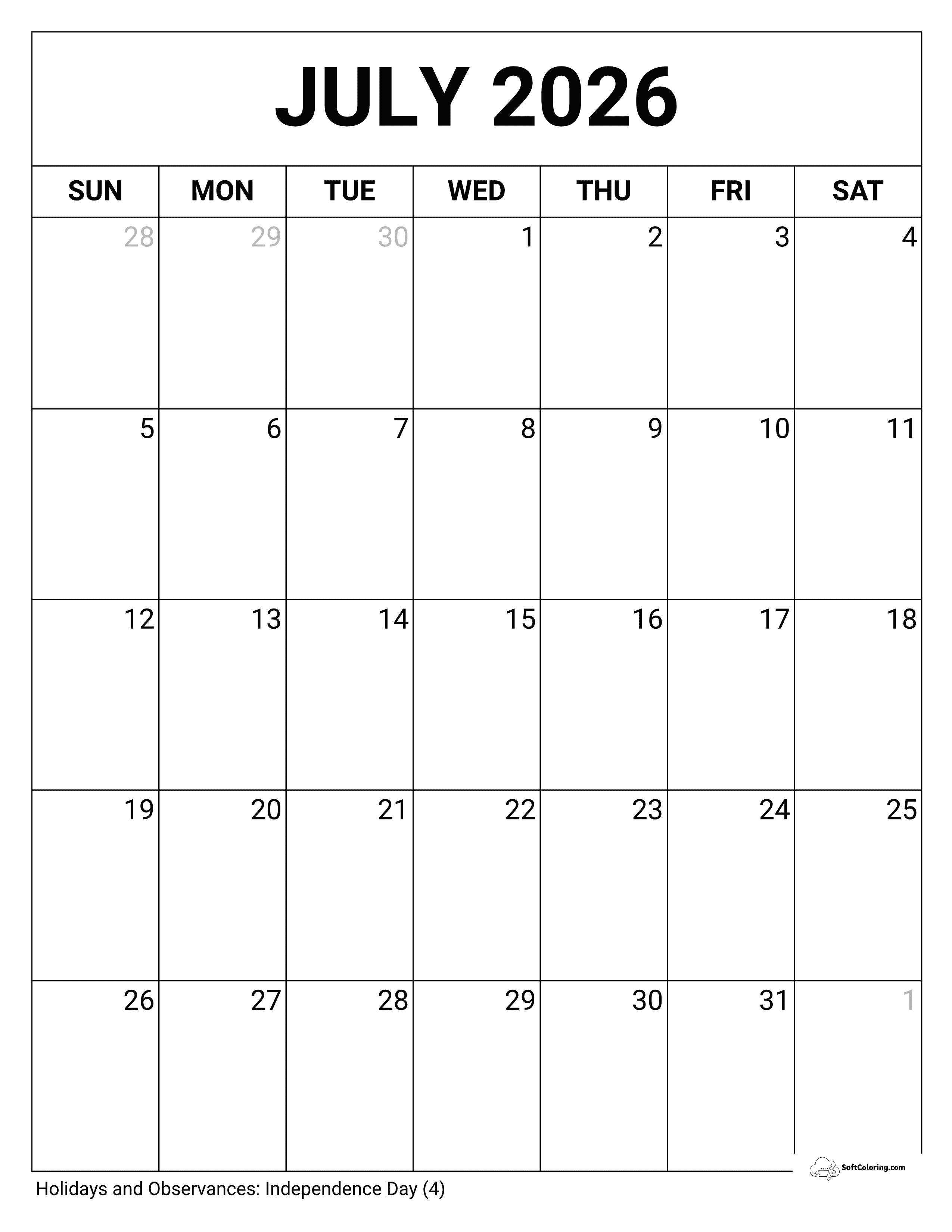 Portrait Blank July 2026 Calendar Printable