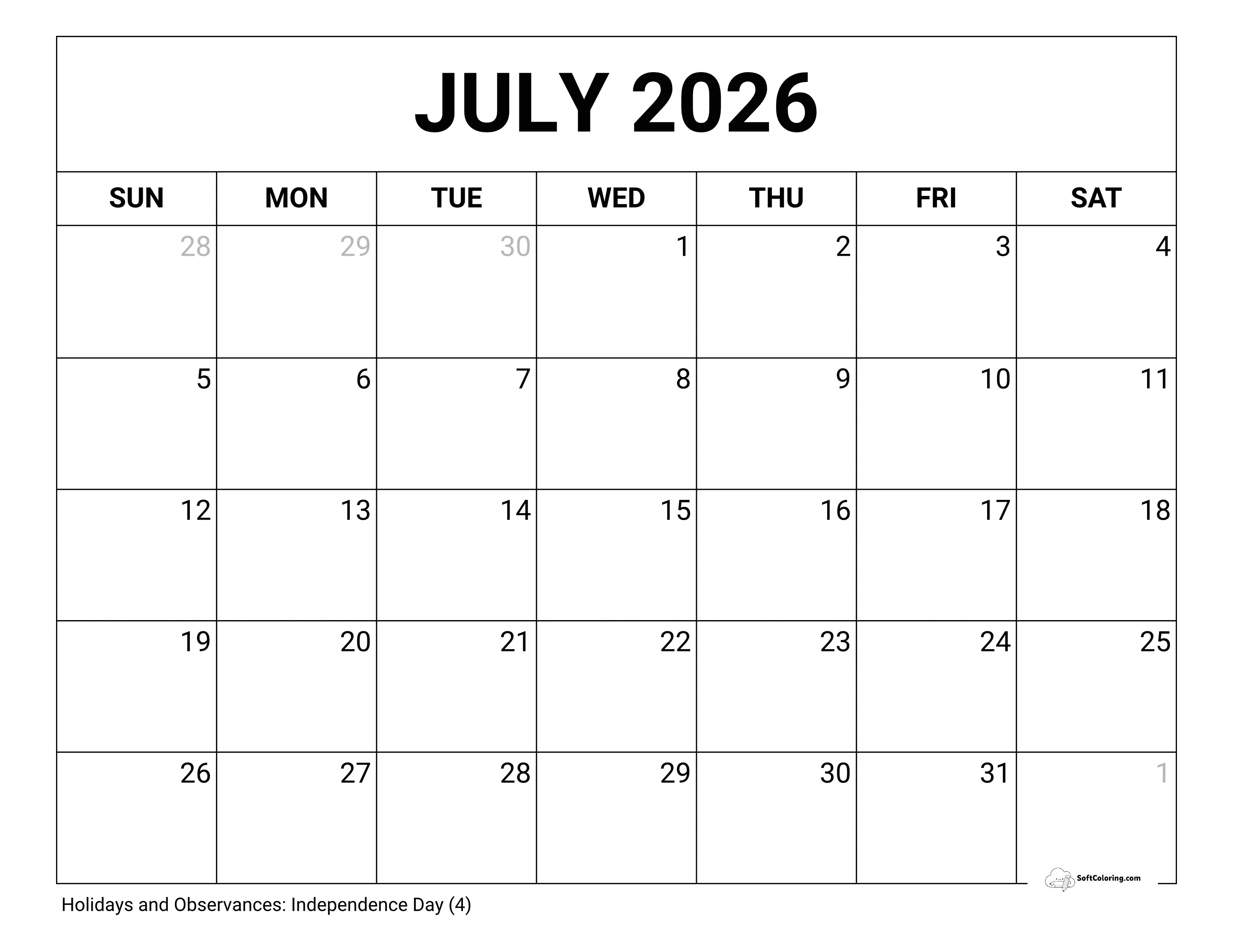 Blank July 2026 Printable Calendar Template