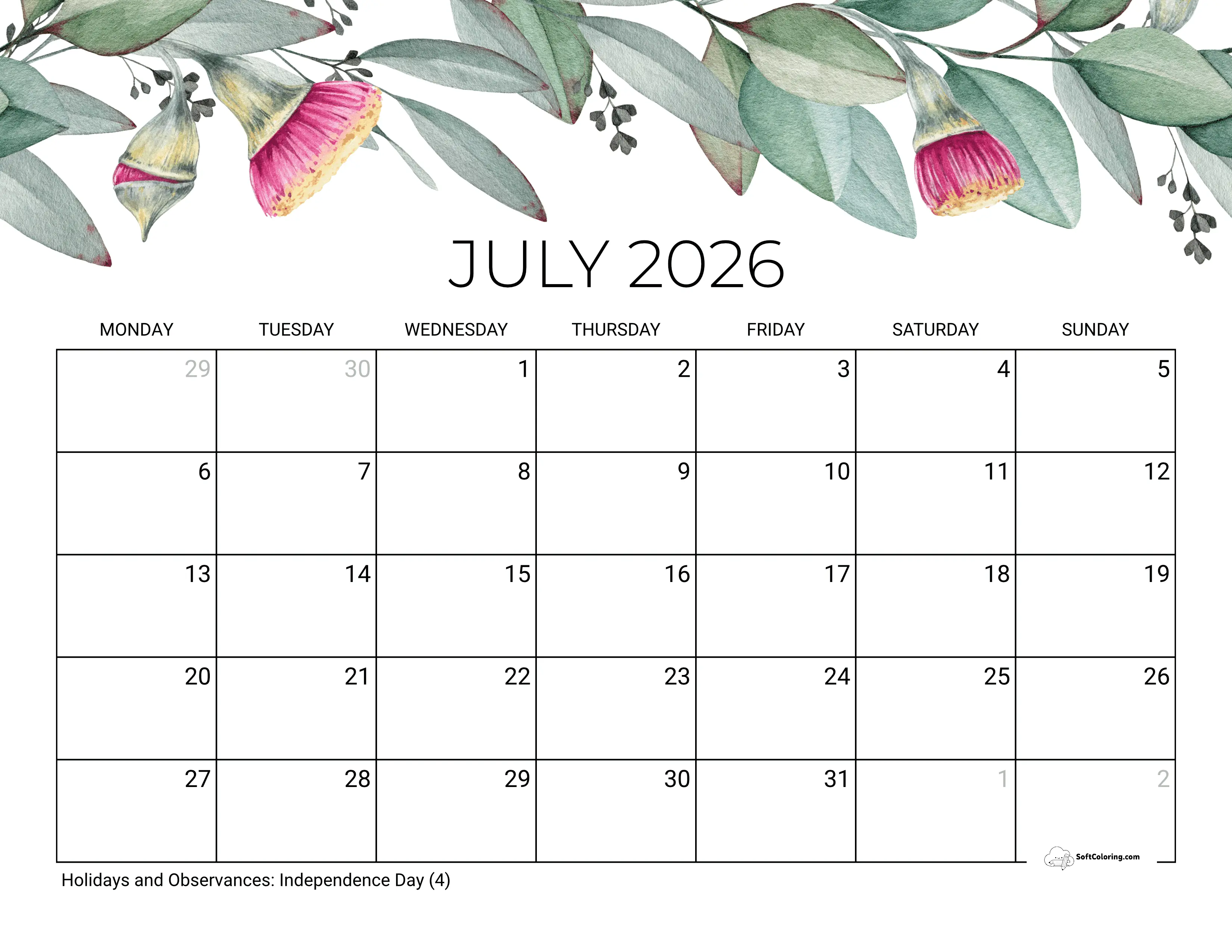 Eucalyptus - July 2026 Monday Calendar