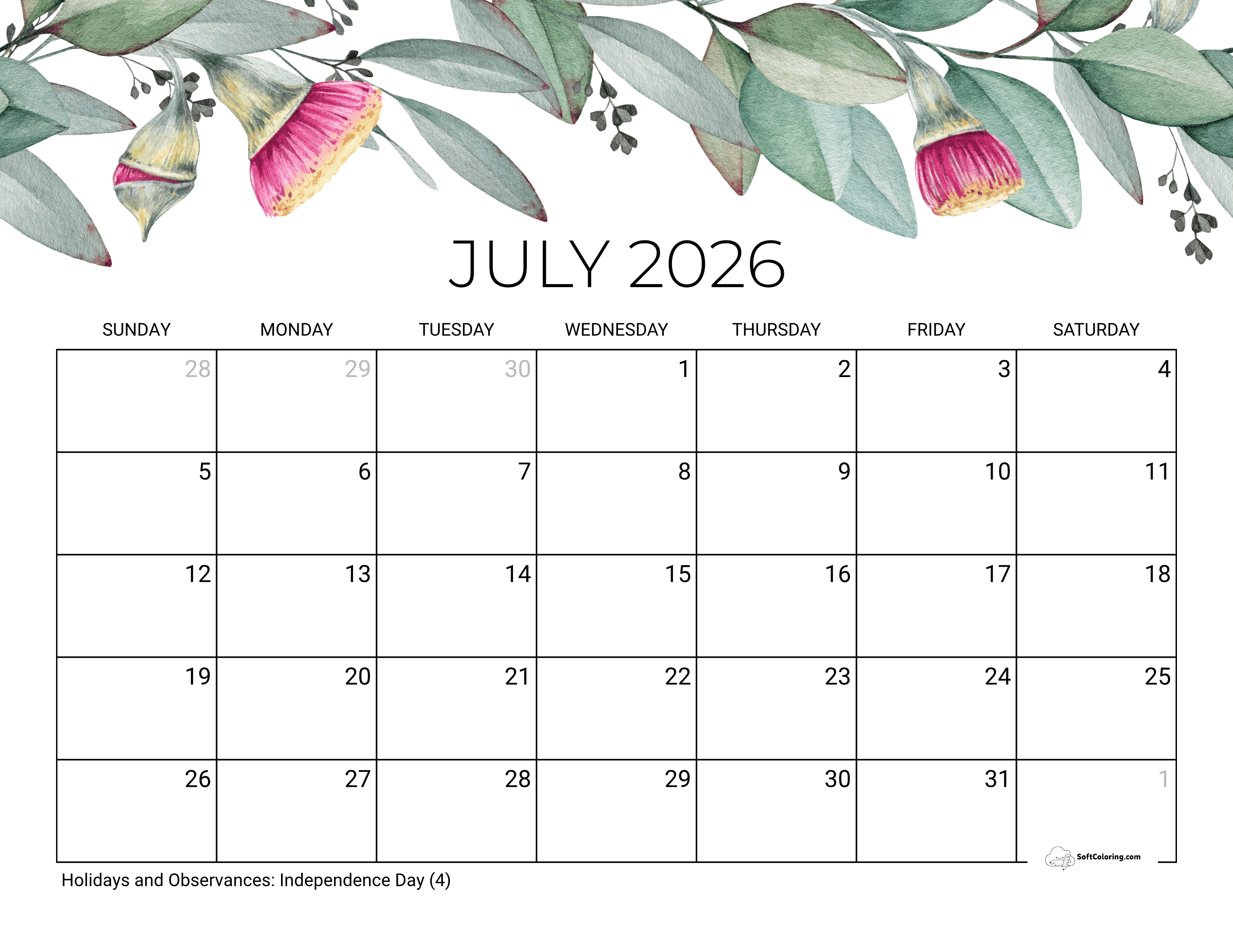 Soothing Eucalyptus July Calendar Template 2026