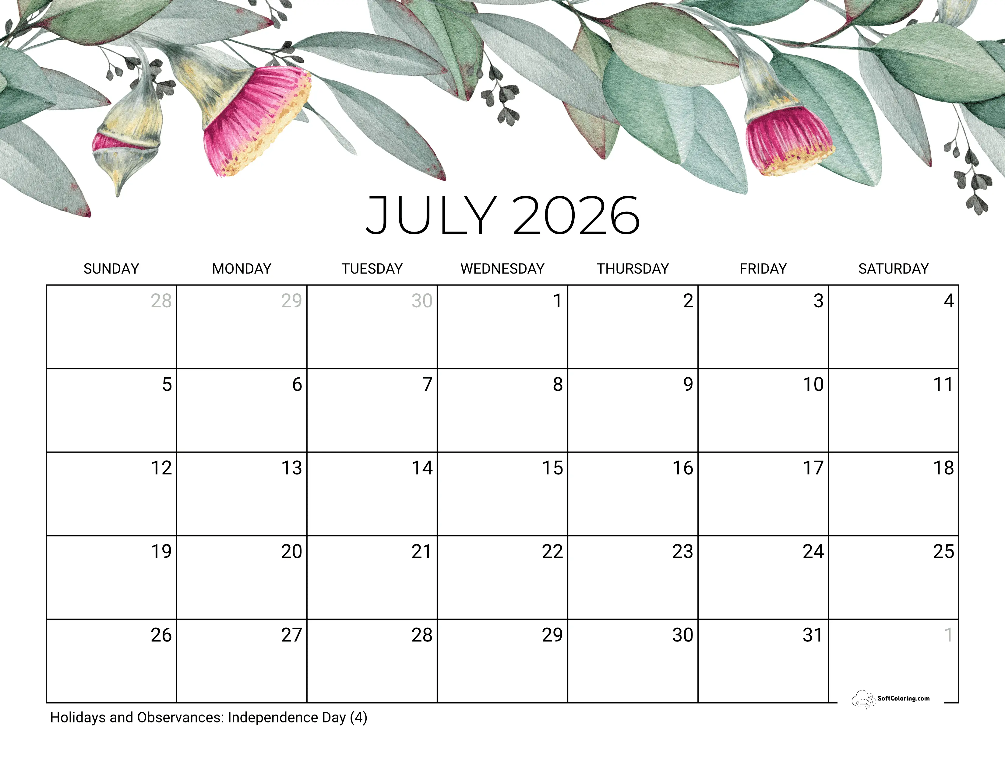 Soothing Eucalyptus July Calendar Template 2026